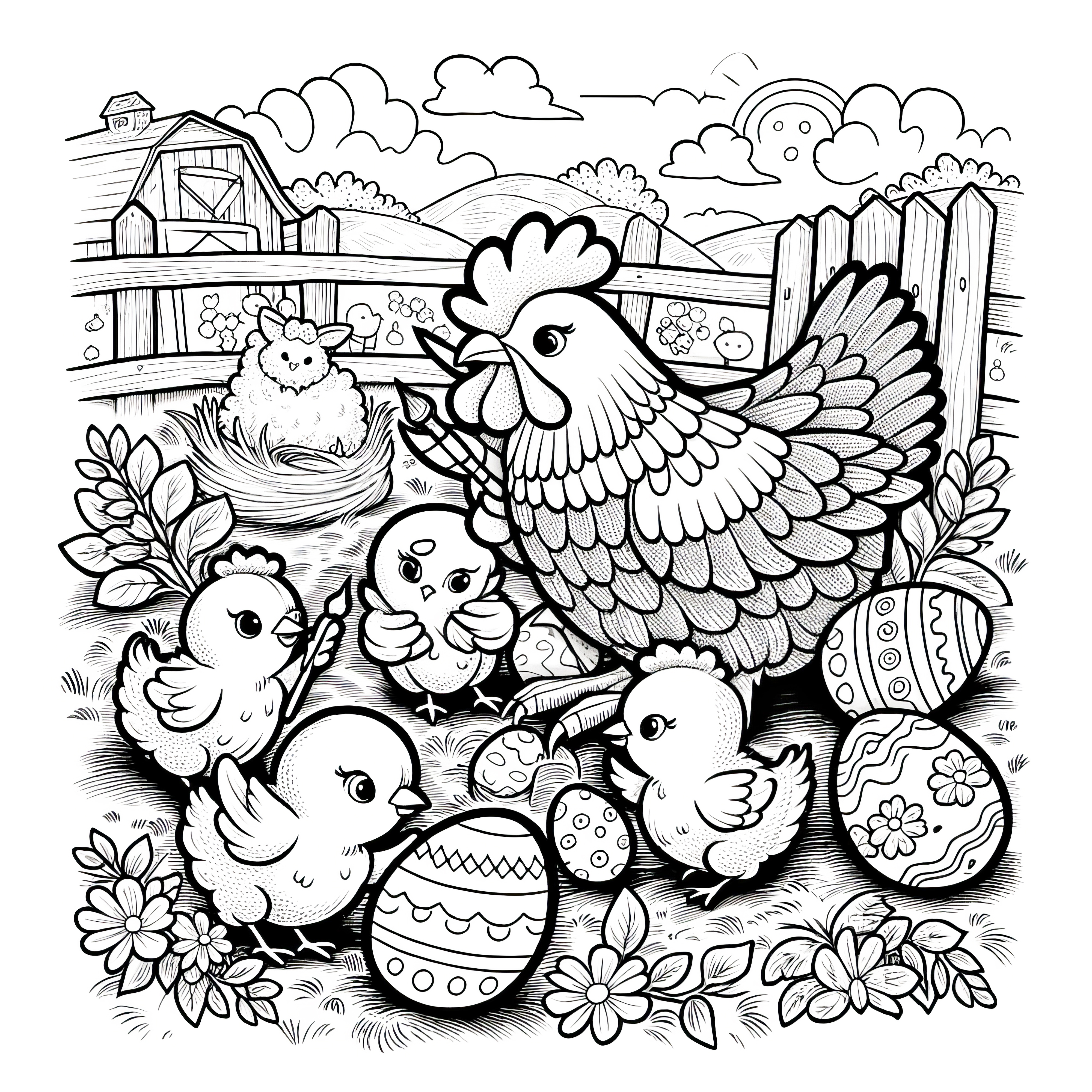 Hens and Easter chicks with Easter eggs on a farm: Coloring picture for download (Free)