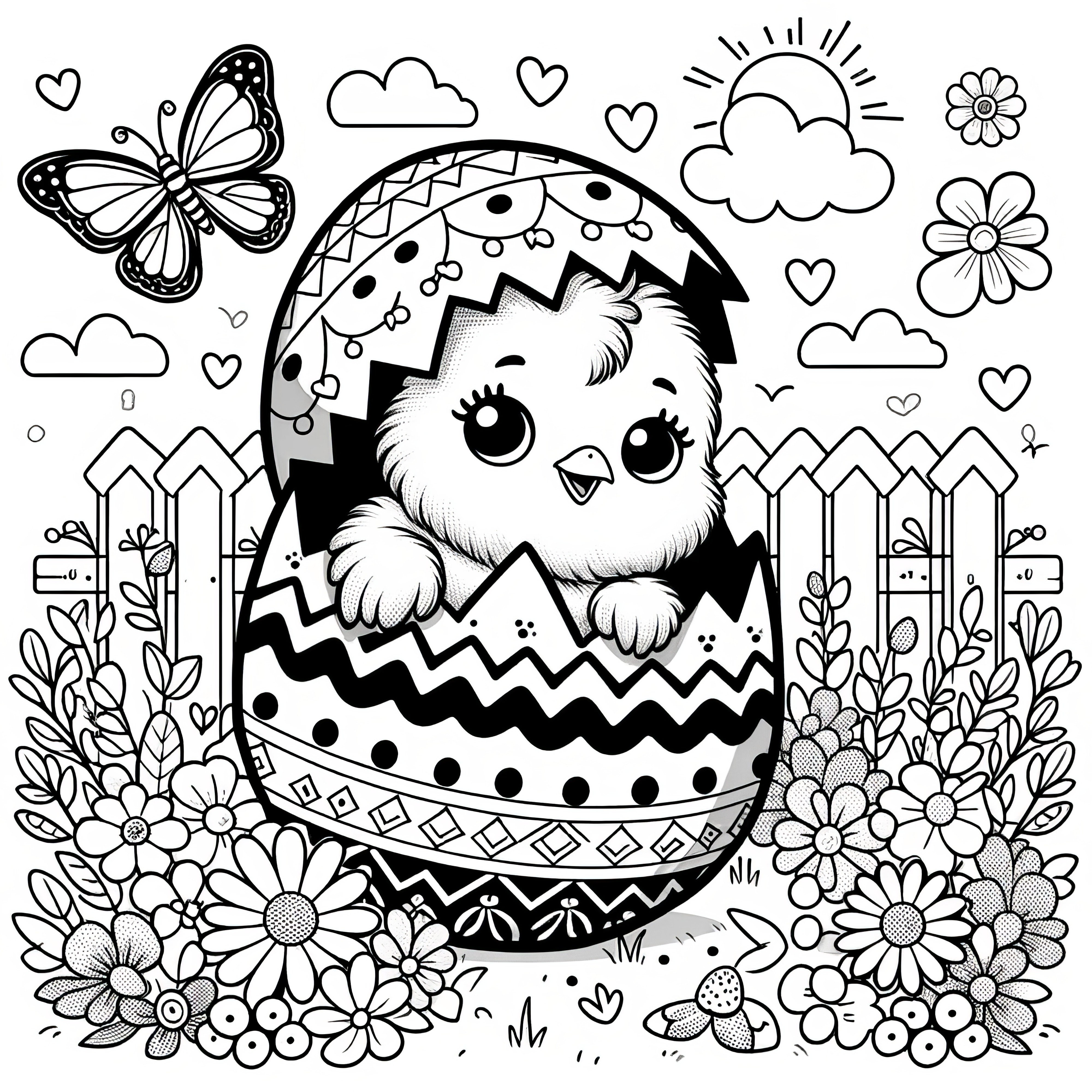 Easter chick hatches from Easter egg on flower meadow with butterfly: Coloring picture (free)