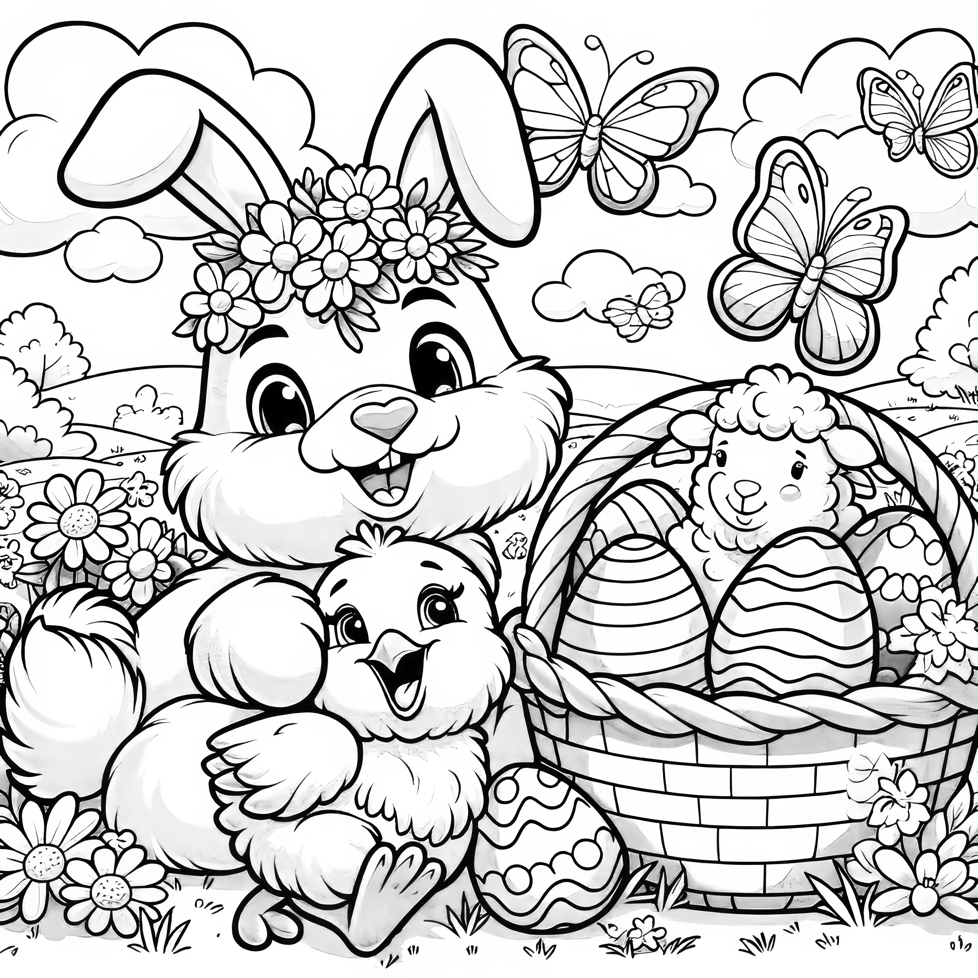 Easter bunny hugs Easter chick with Easter basket and sheep: Coloring page (Free)