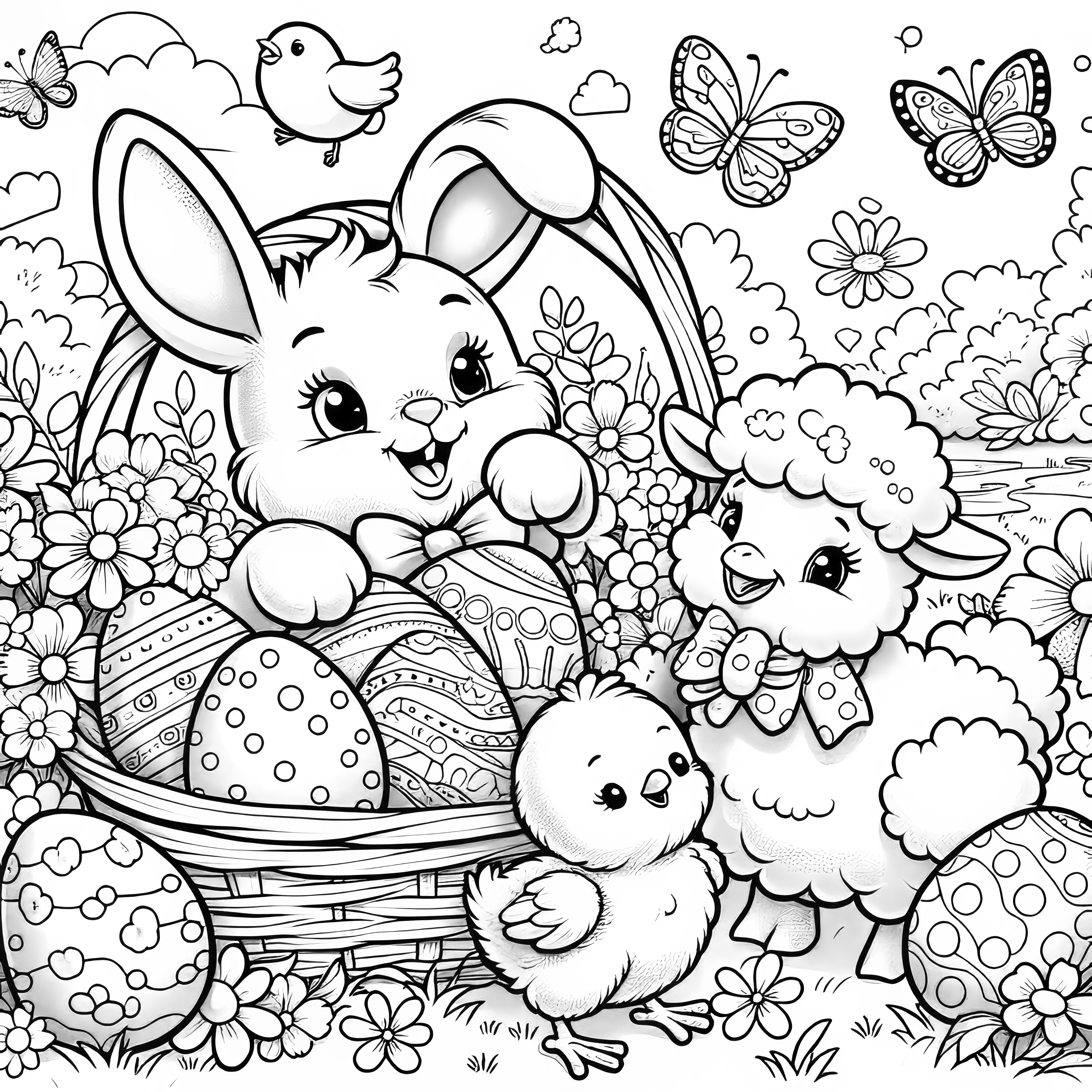 Iepuraș de Paște dulce cu coș de Paște, pui de Paște, oaie și fluture: Desen de colorat (gratuit)