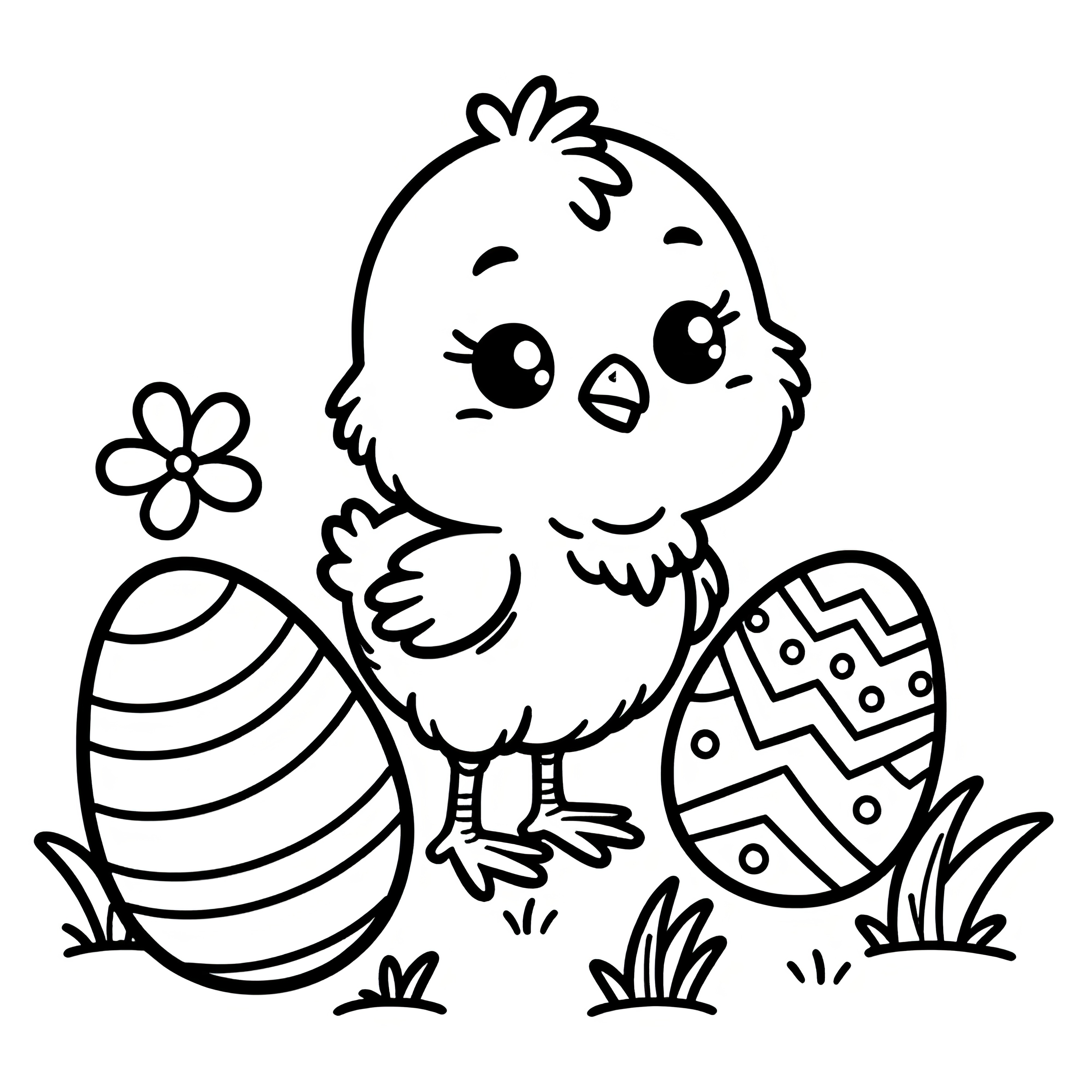 Little Easter chick with two Easter eggs: Simple coloring picture (Free)