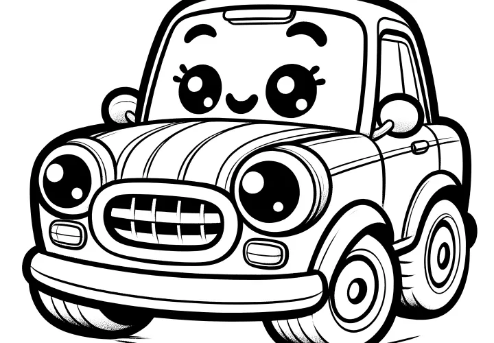 Roztomilé malé auto s obličejem: Jednoduchý obrázek k vybarvení pro děti (zdarma)