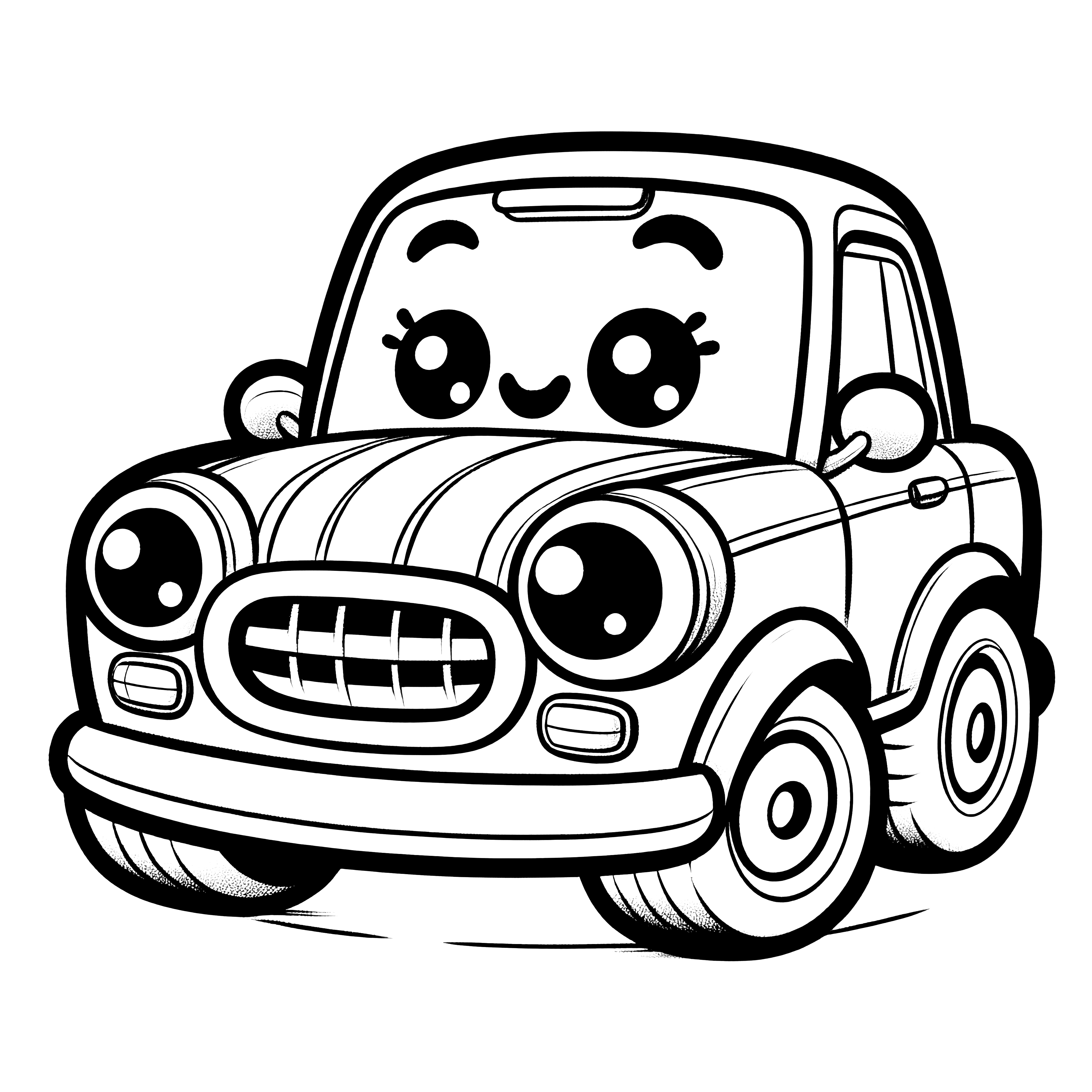 Sladké malé auto s obličejem: Jednoduchá omalovánka pro děti (Zdarma)