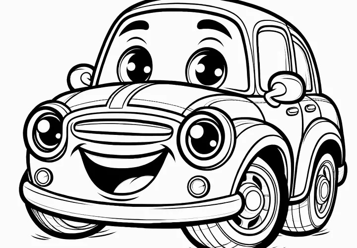 Smějící se malé auto: Obrázek k vybarvení pro děti (Zdarma)