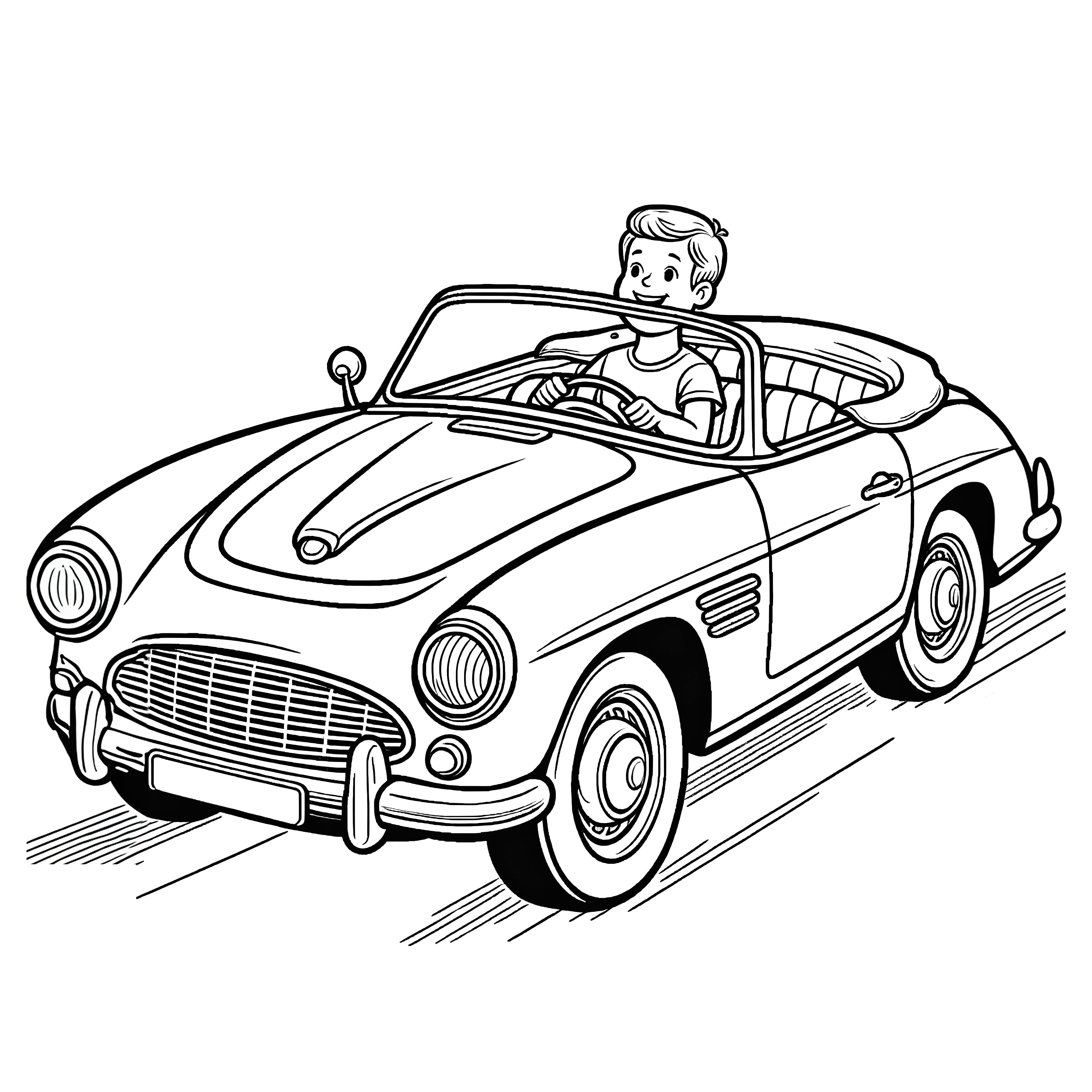 ヴィンテージカーのオープンカーを運転する男：ぬりえページをダウンロードする(無料)