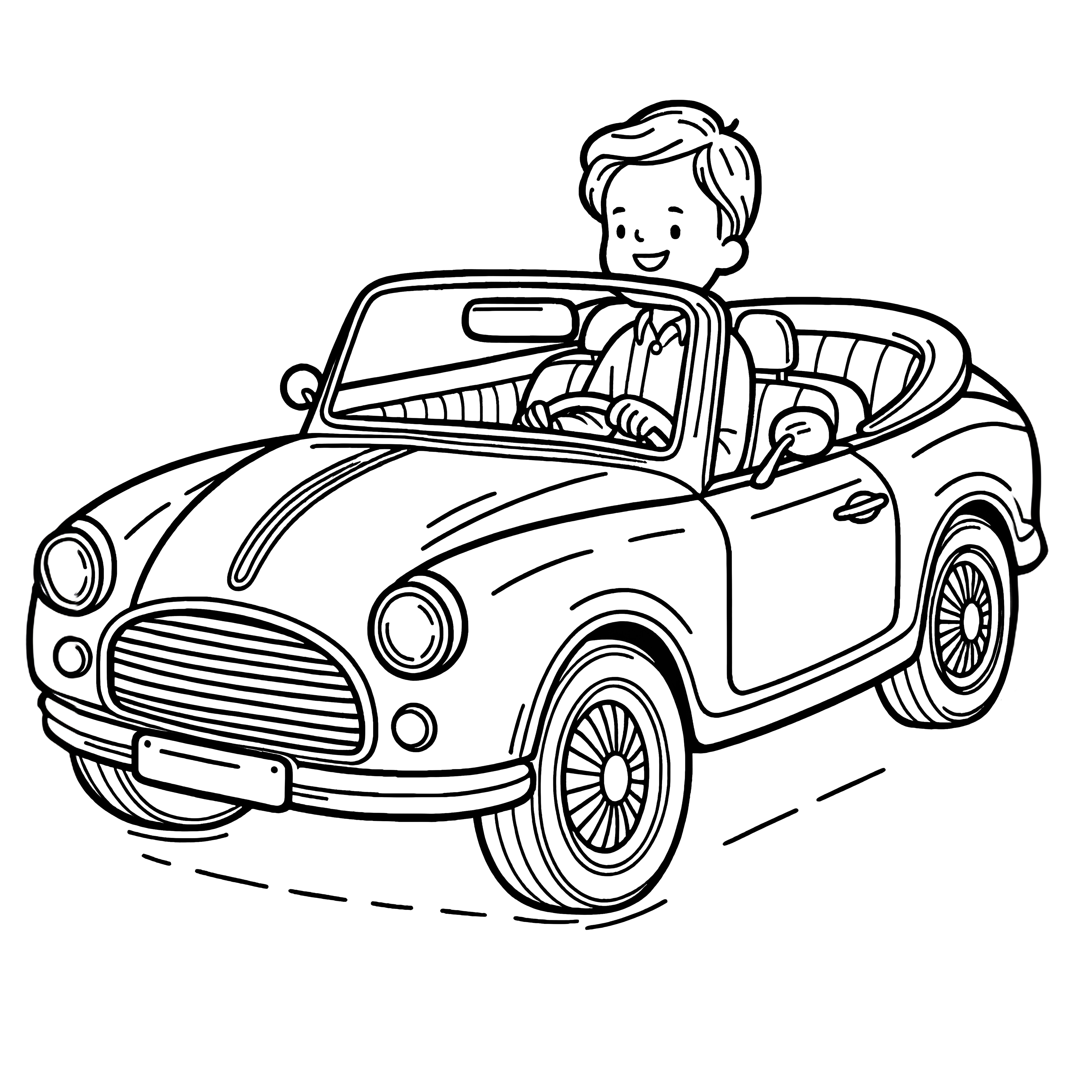 オープンカーに乗った陽気なおじさん：ぬり絵（無料）