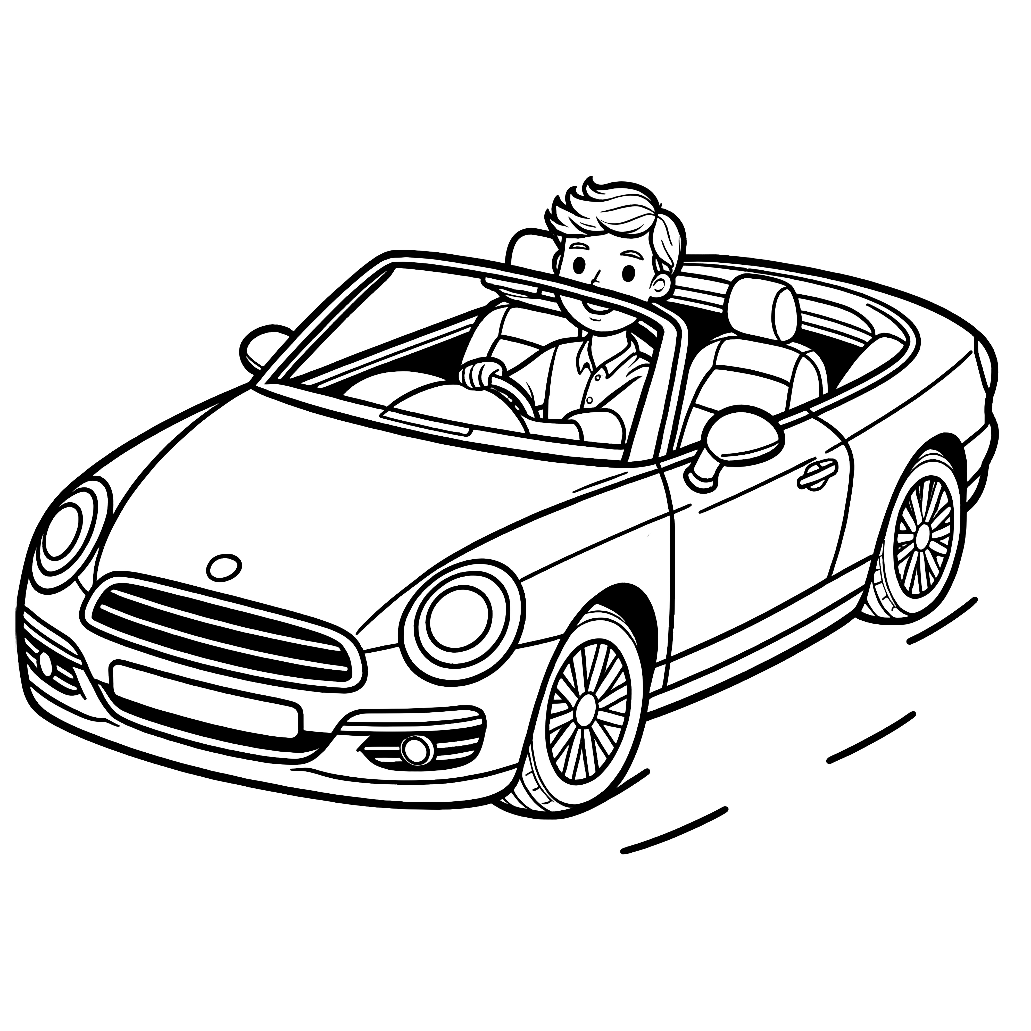 男性とスポーティなオープンカー：子供のためのシンプルなぬり絵（無料）