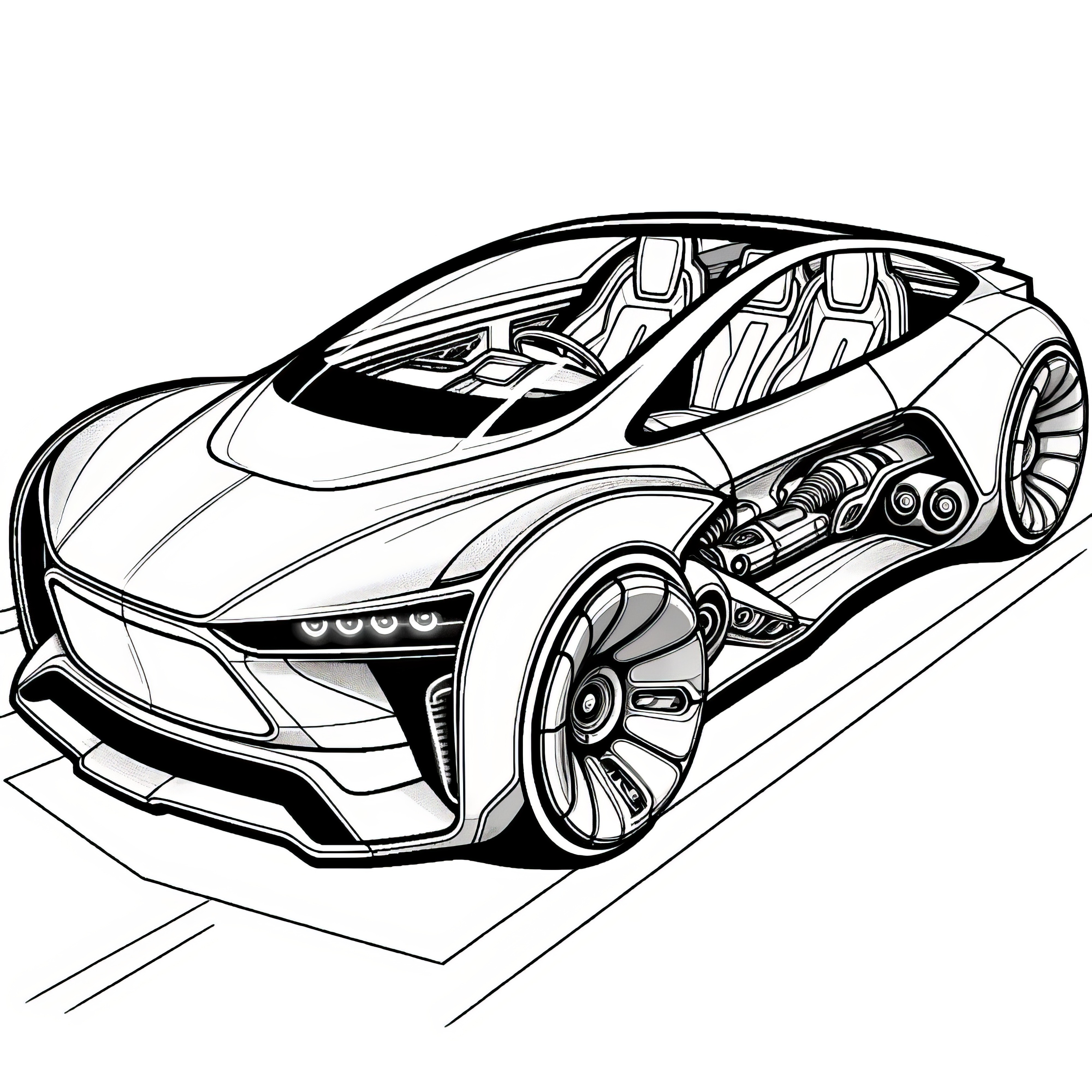 未来的な車の切り抜き：ぬり絵のページをダウンロード（無料）