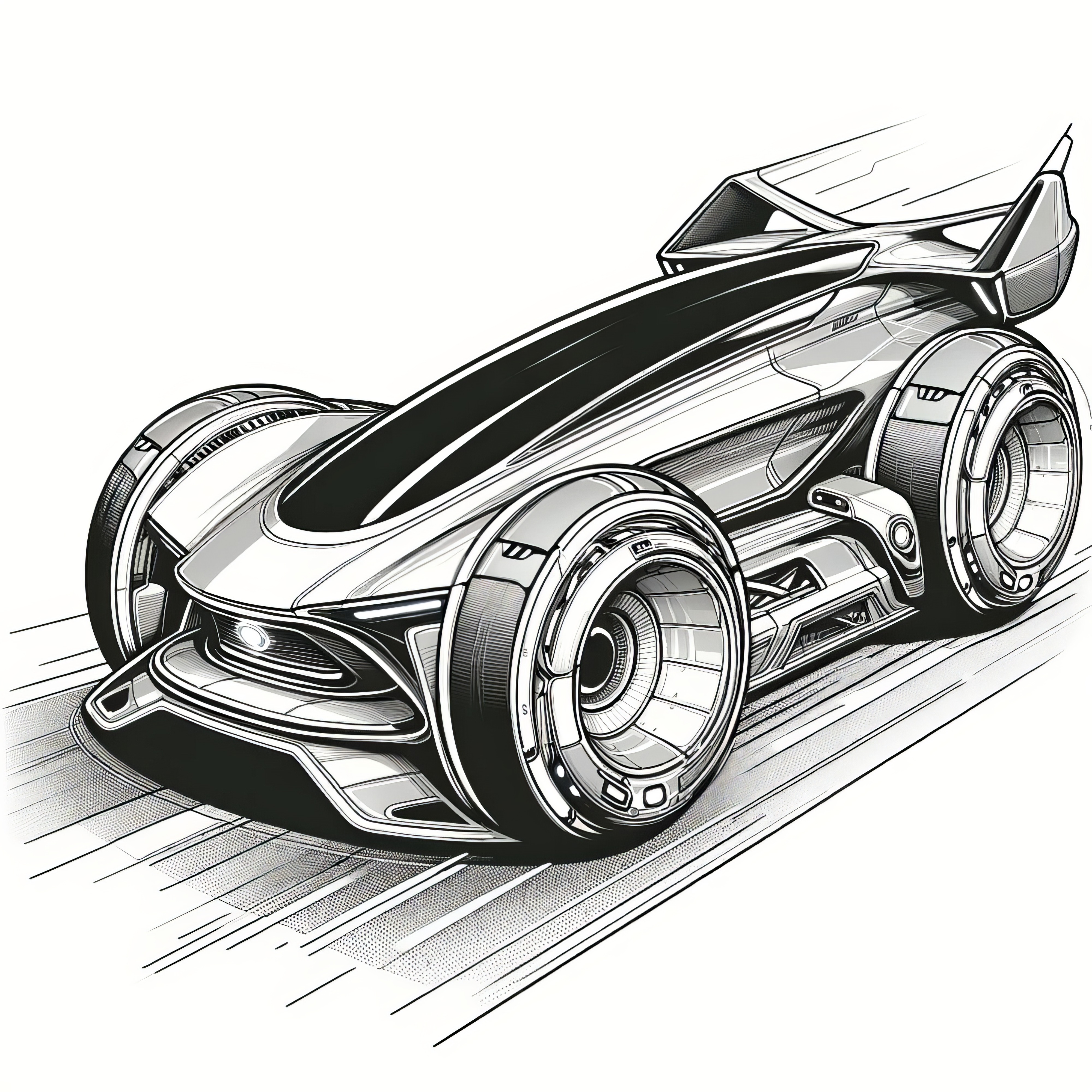 ワイドタイヤを履いた未来的なレーシングカー：ぬりえページ 無料ダウンロード
