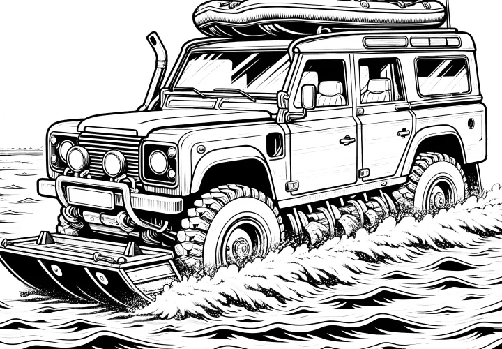Terénní auto jede přes vodu: Omalovánky ke stažení (Zdarma)