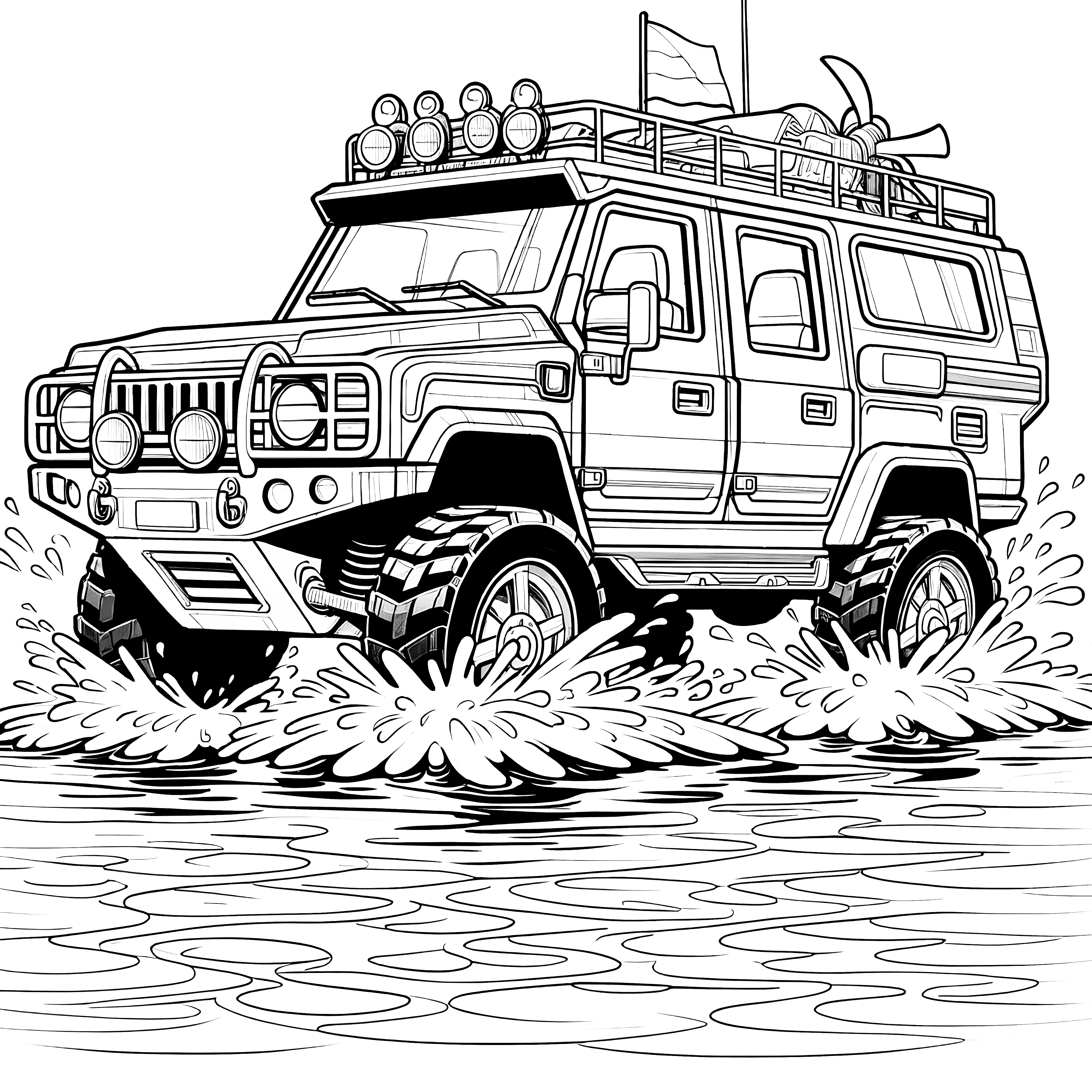 水中のオフロード車：ぬりえページ 無料 ダウンロード