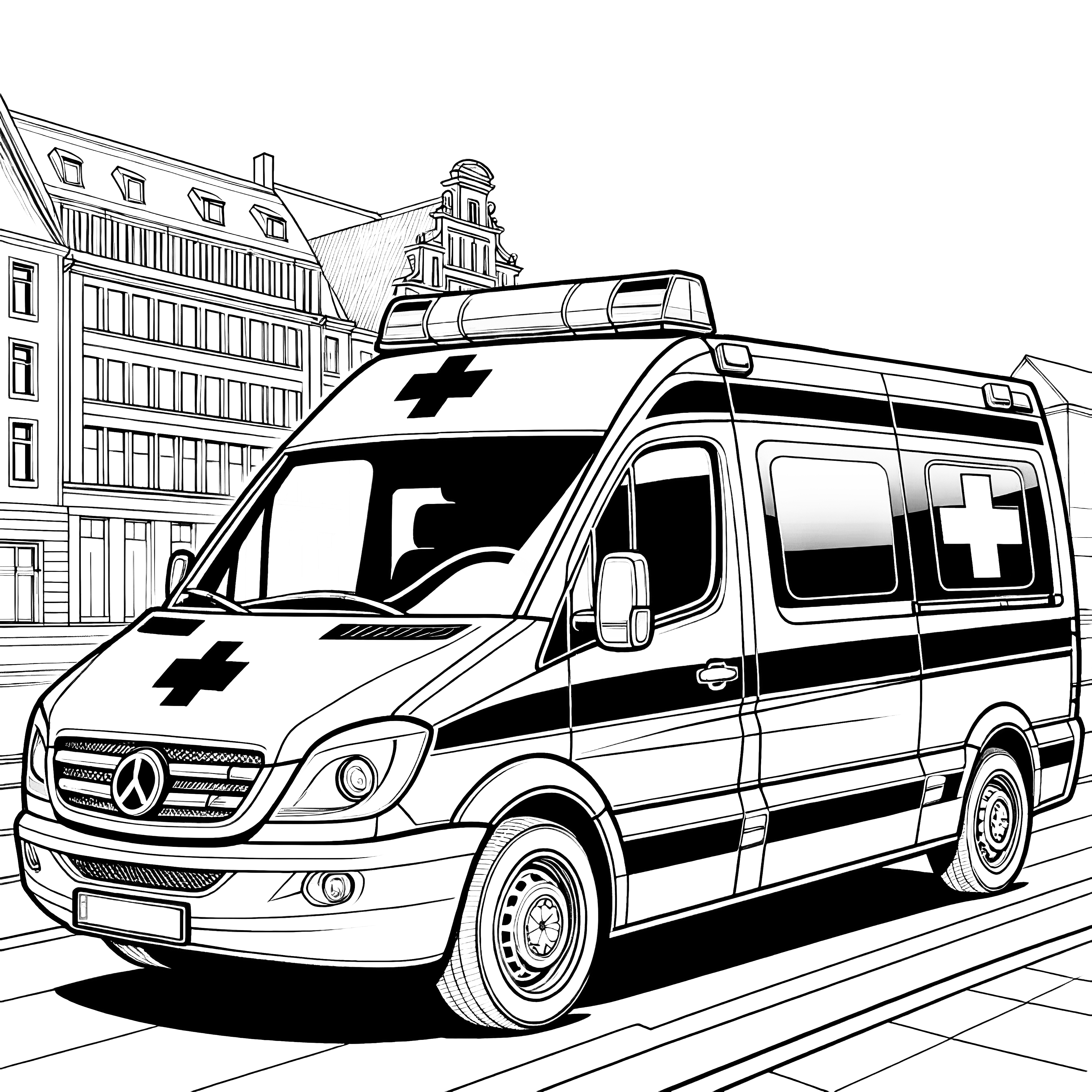 建物の前の救急車：ぬり絵ダウンロード(無料)
