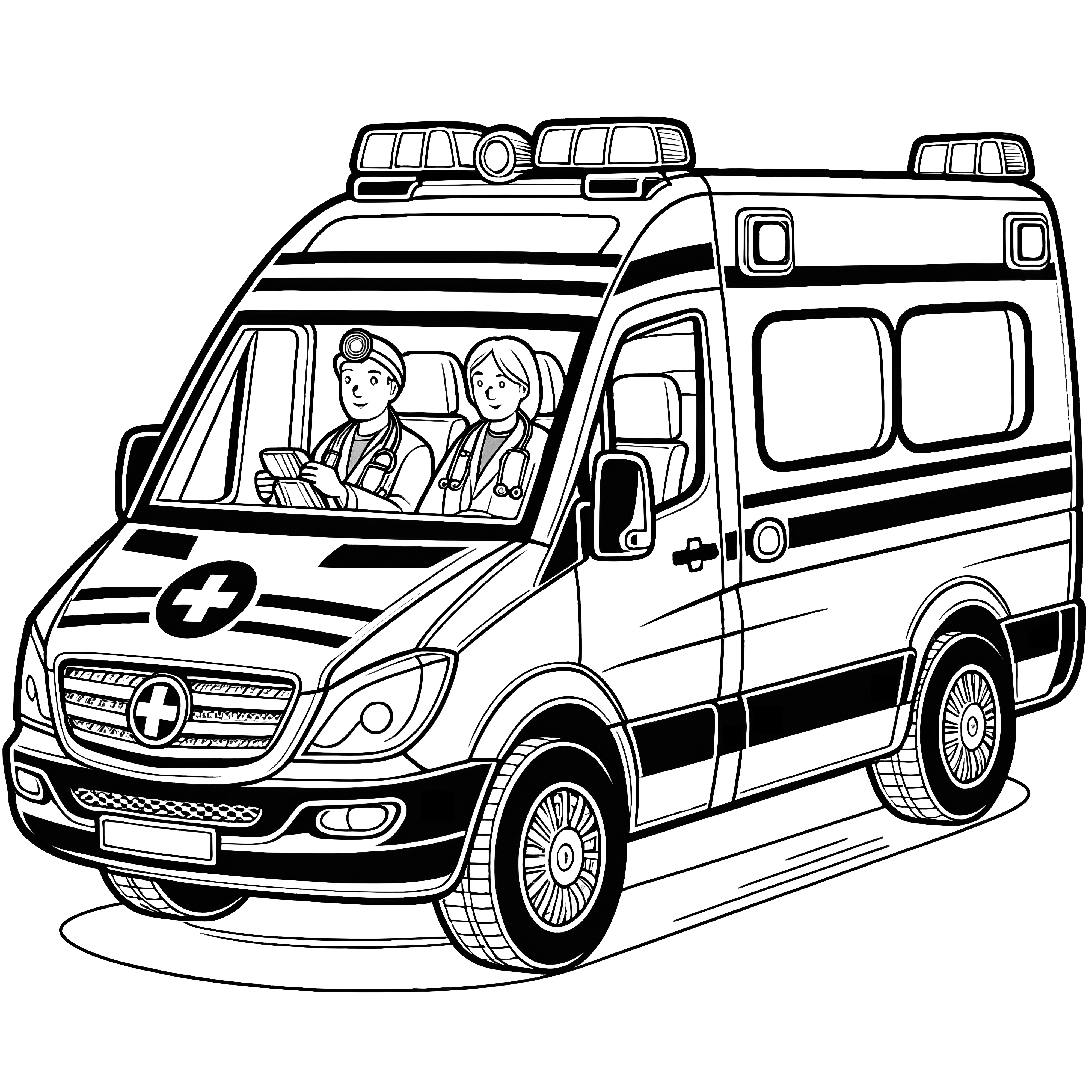 救急車と2人の救急医子供のための塗り絵ページ（無料）
