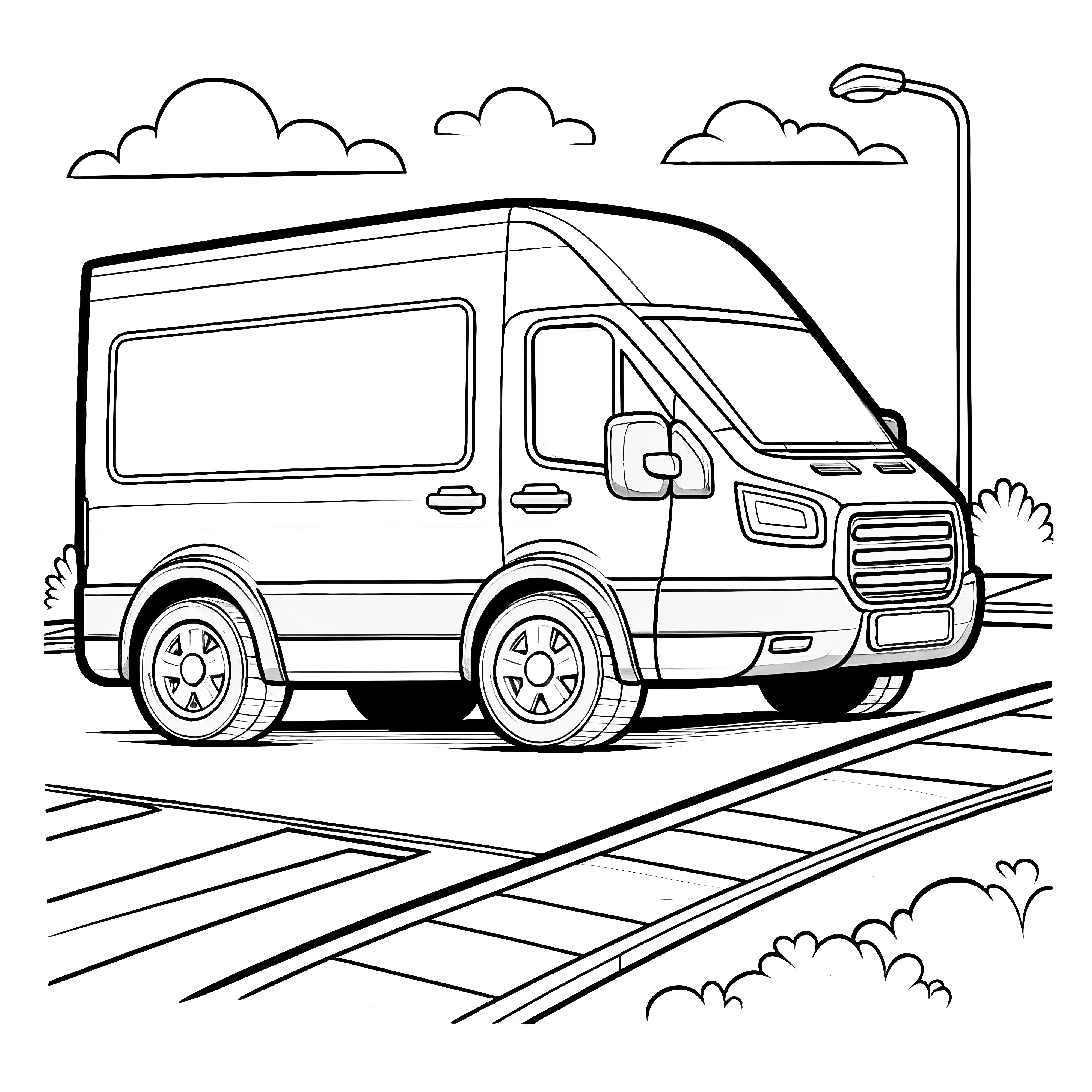 Dodávka parkuje na parkovisku: Obrázok na vyfarbenie na stiahnutie (Zadarmo)