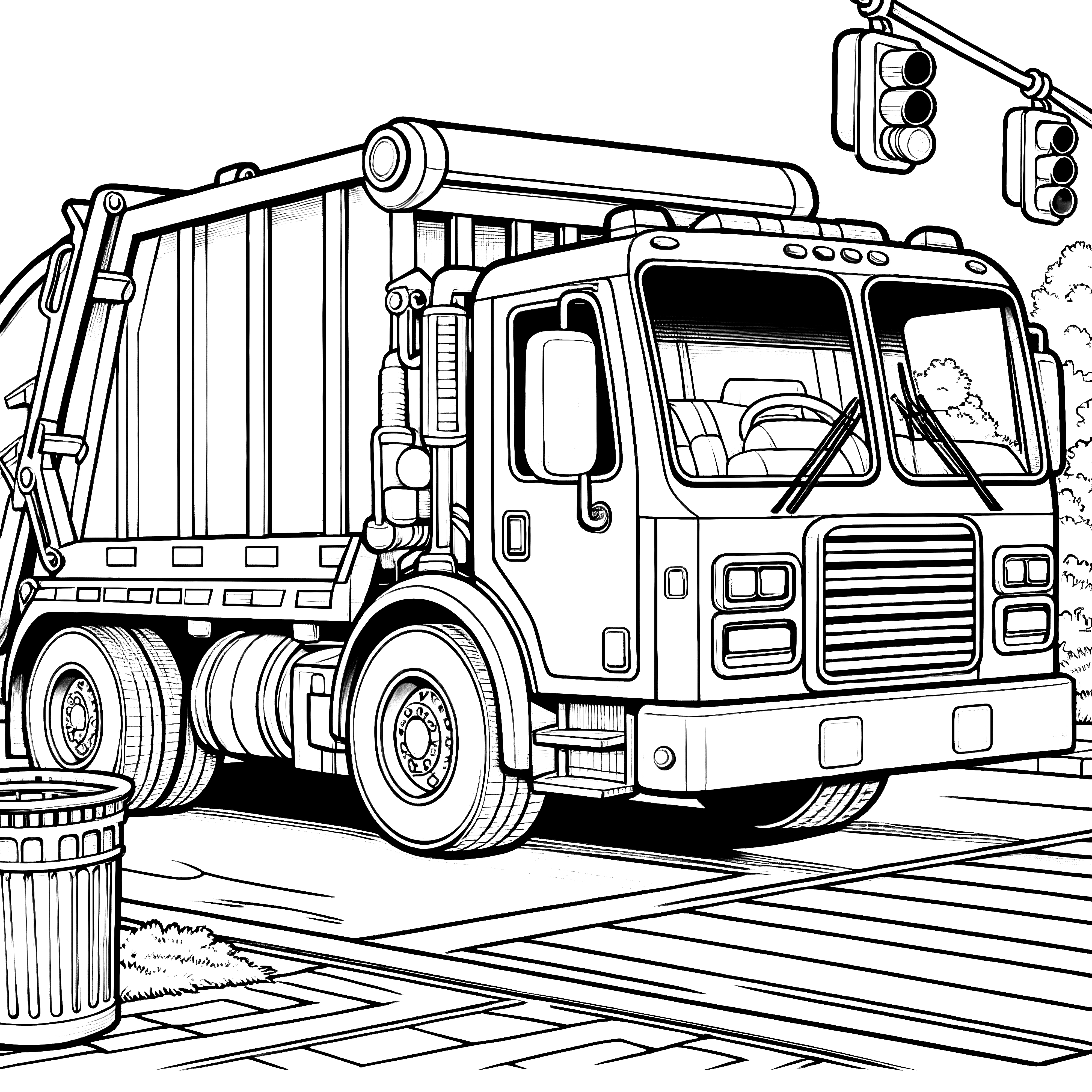 信号待ちのゴミ収集車: 無料ダウンロードのためのぬり絵