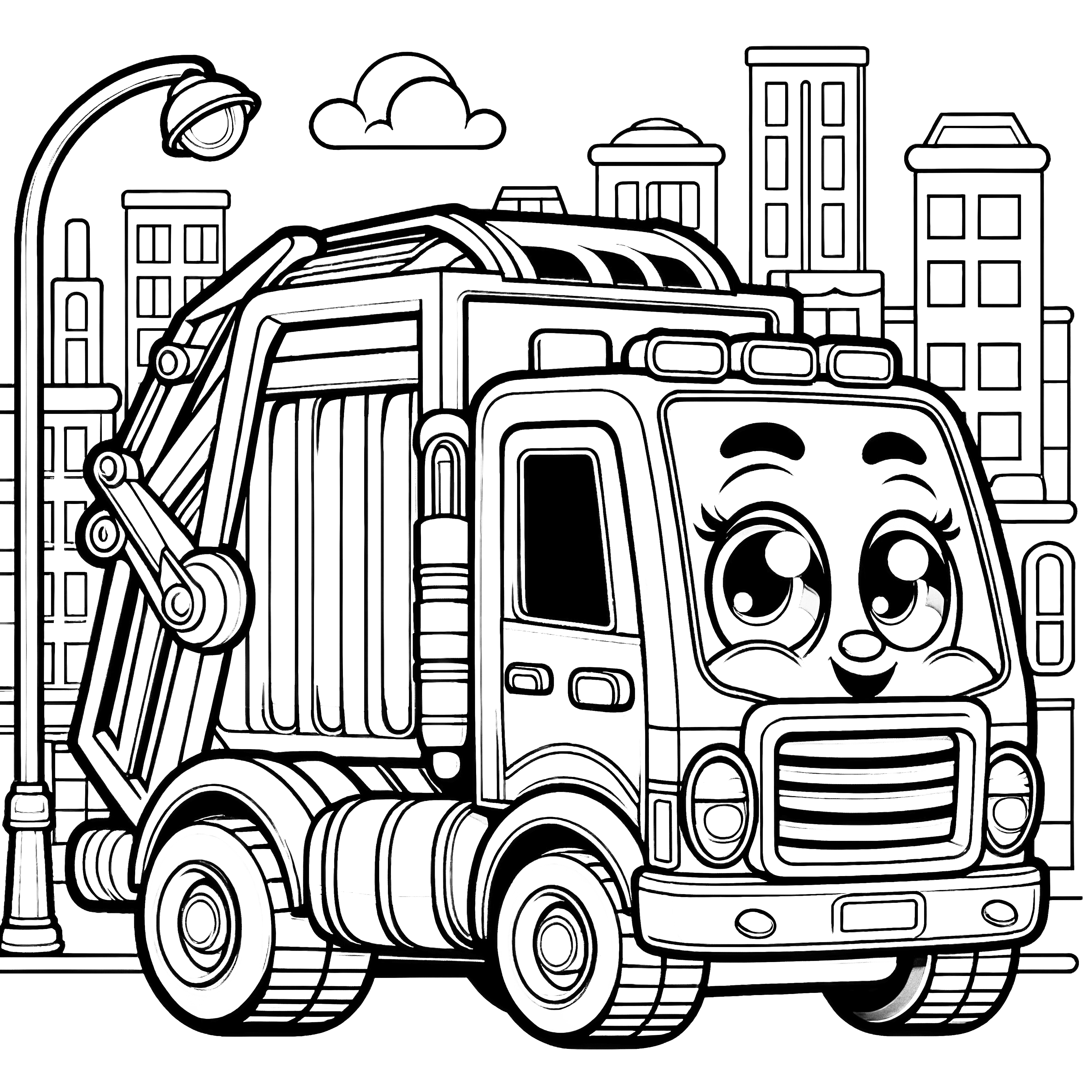 おかしな目で笑うゴミ収集車：子供向け塗り絵ページ（無料）