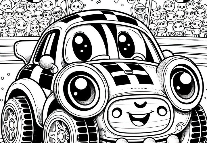 笑って勝利を祝うおもちゃのレーシングカー：ぬり絵ダウンロード（無料）