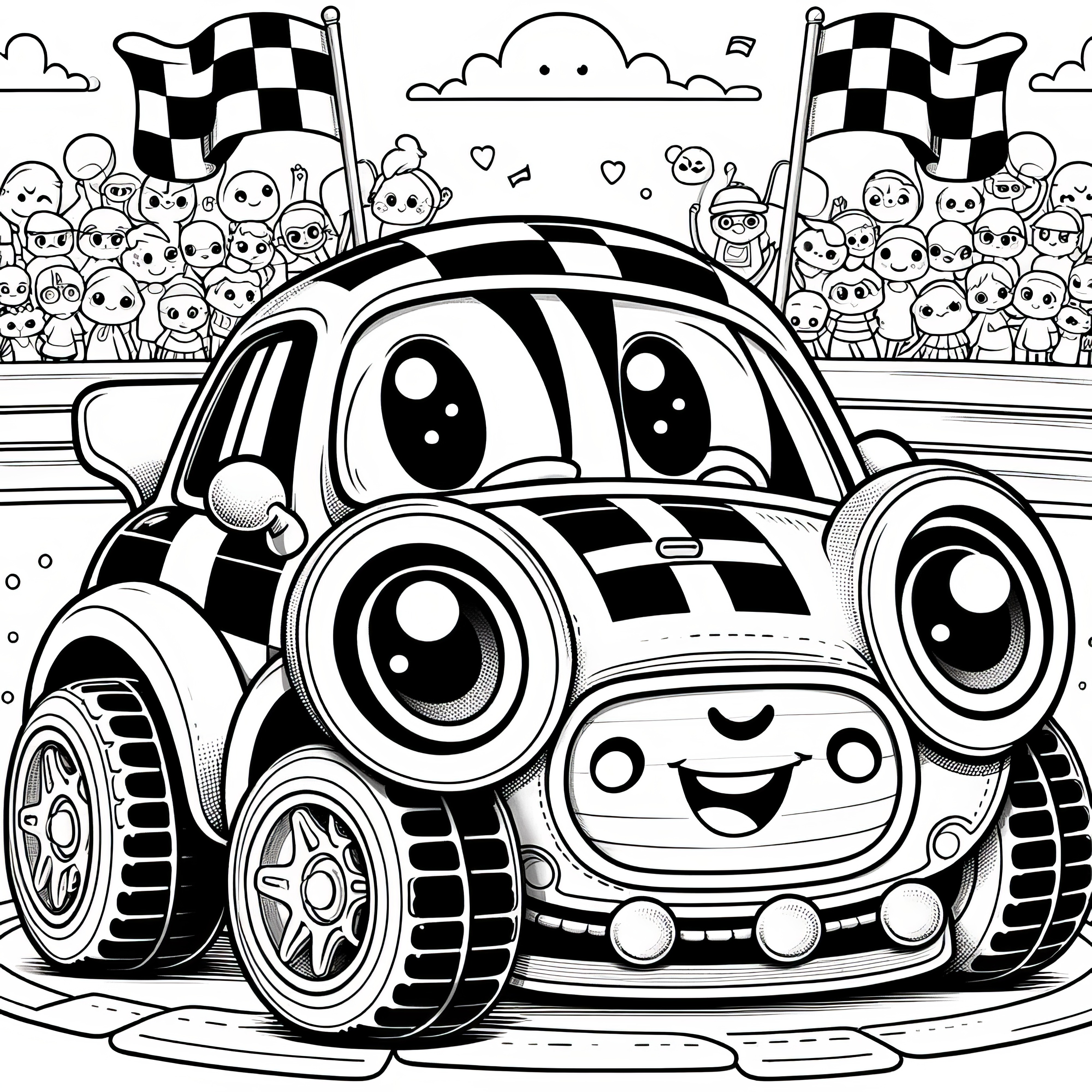 笑って勝利を祝うおもちゃのレーシングカー：ぬり絵ダウンロード（無料）