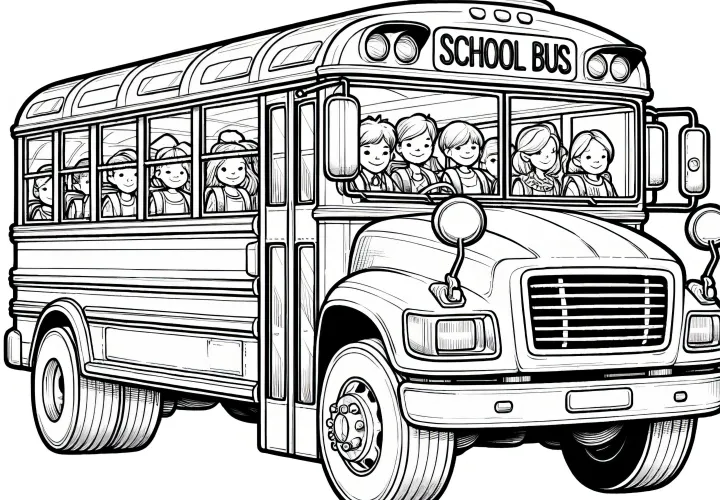 Starý školní autobus s mnoha dětmi jako omalovánka (Zdarma)