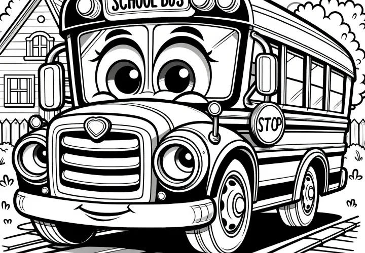 Veselý školní autobus s obličejem: Omalovánka ke stažení zdarma