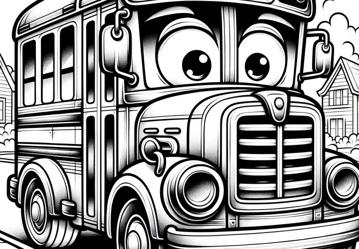 Veselý školní autobus s velkýma očima: Jednoduchý omalovánkový list pro děti (Zdarma)