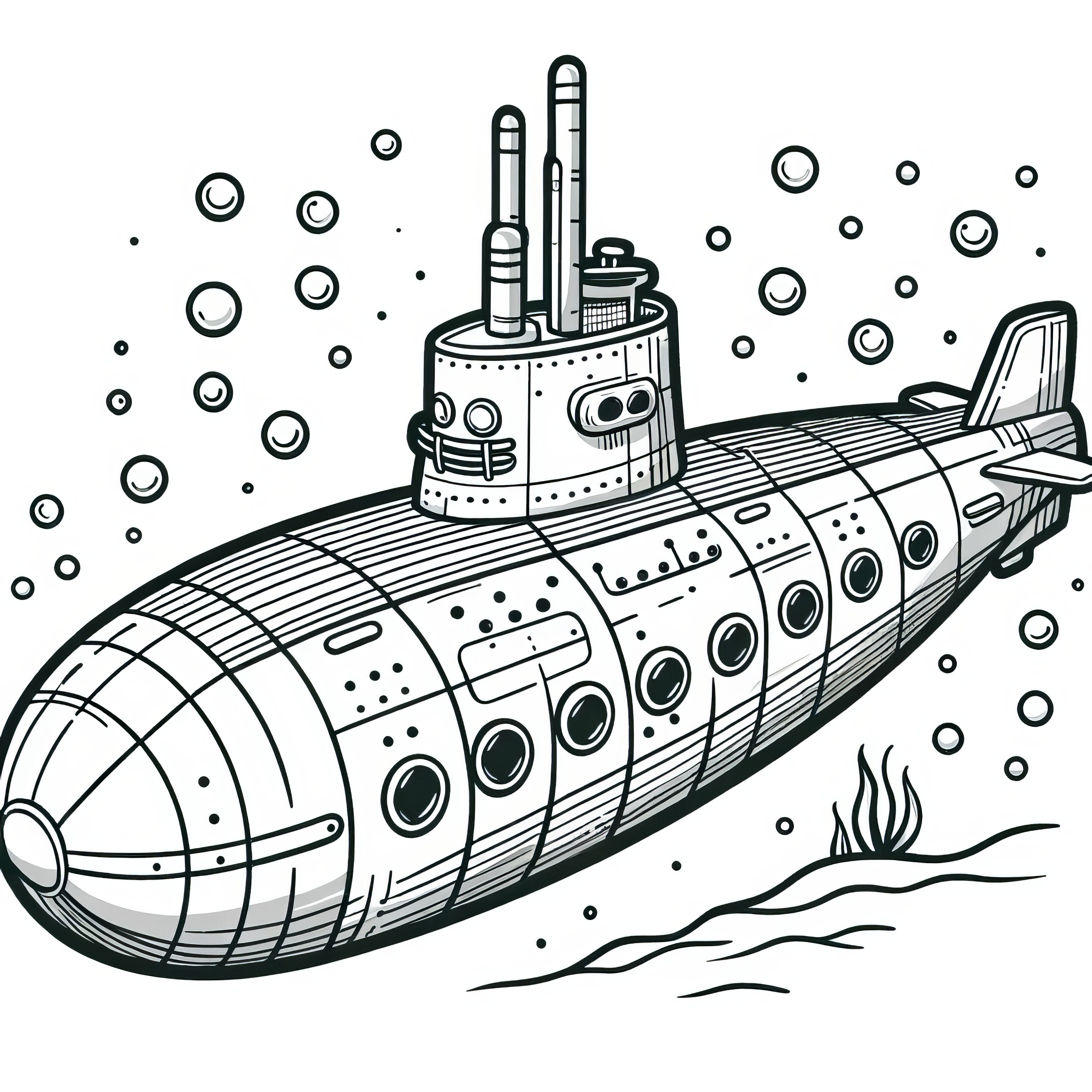 水中植物と潜水艦のぬりえページ：今すぐ無料でダウンロード