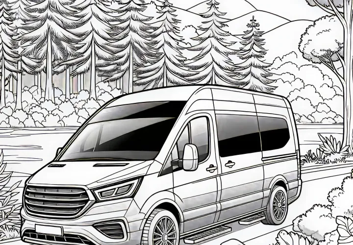 Caravan driving through the forest as a coloring page (Free)