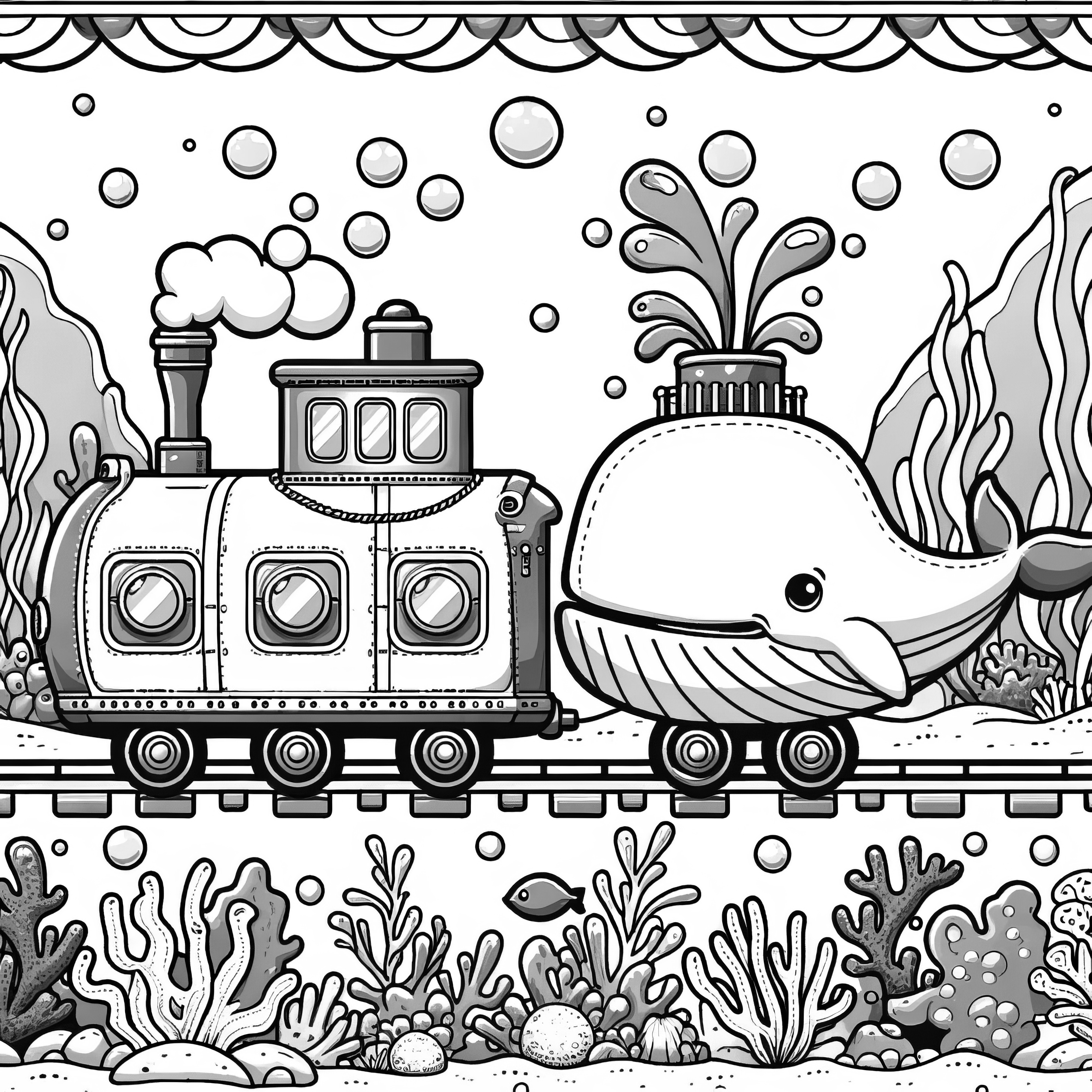 クジラと水中蒸気機関車: 簡単なぬりえページをダウンロードする(無料)