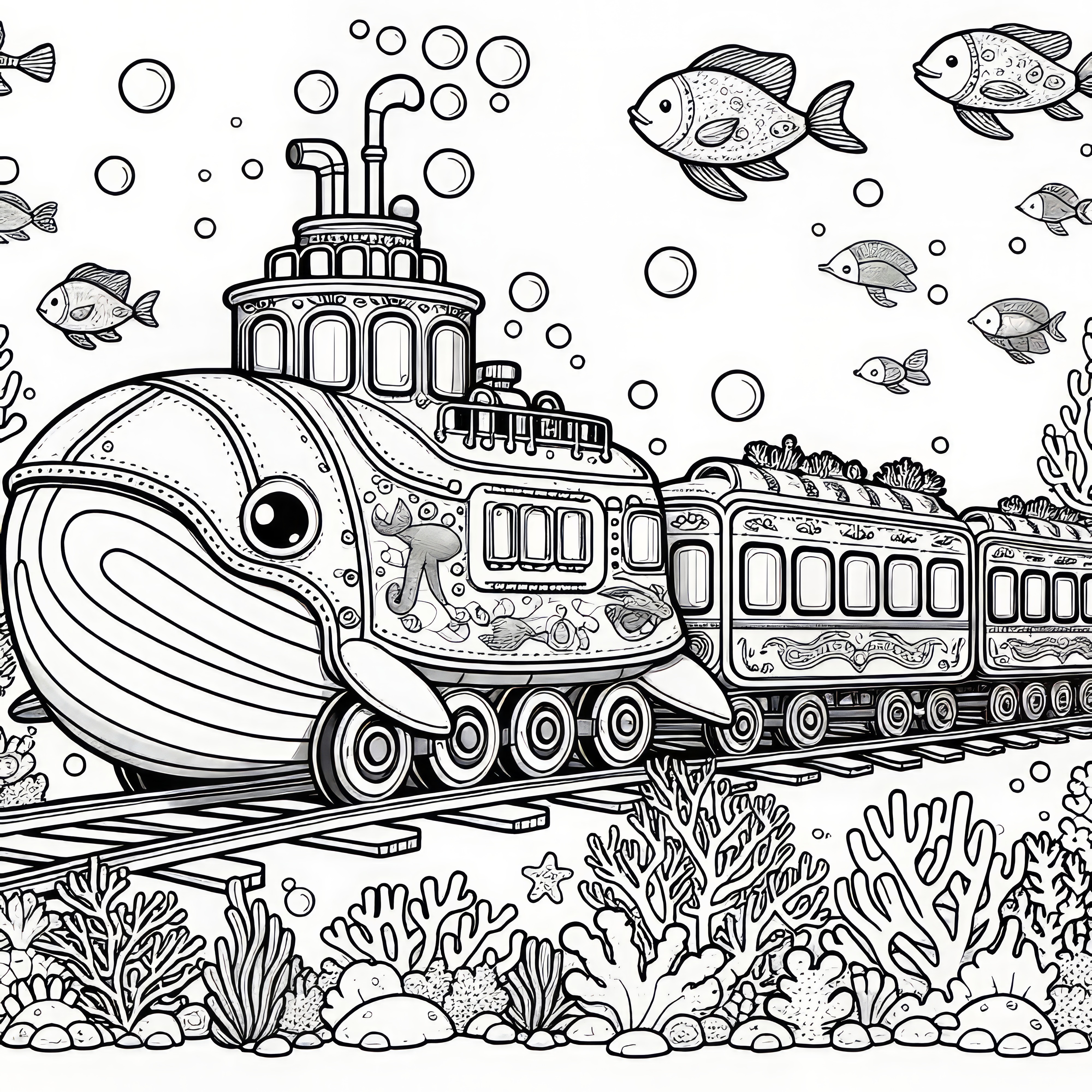 想像力豊かな水中列車：ぬり絵ダウンロード（無料）