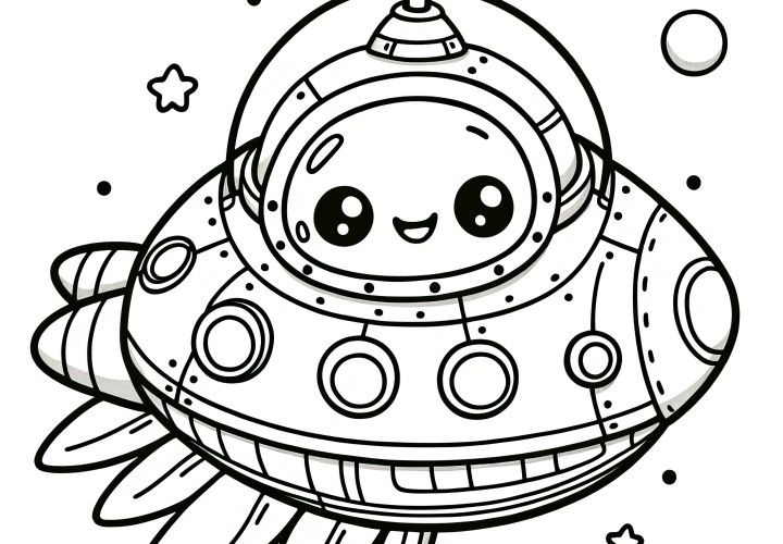 Roztomilý mimozemšťan v UFO: Jednoduchý obrázek k vybarvení pro děti (Zdarma)