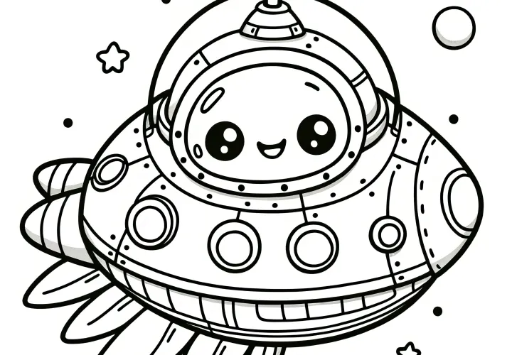 Roztomilý mimozemšťan v UFO: Jednoduchý obrázek k vybarvení pro děti (Zdarma)