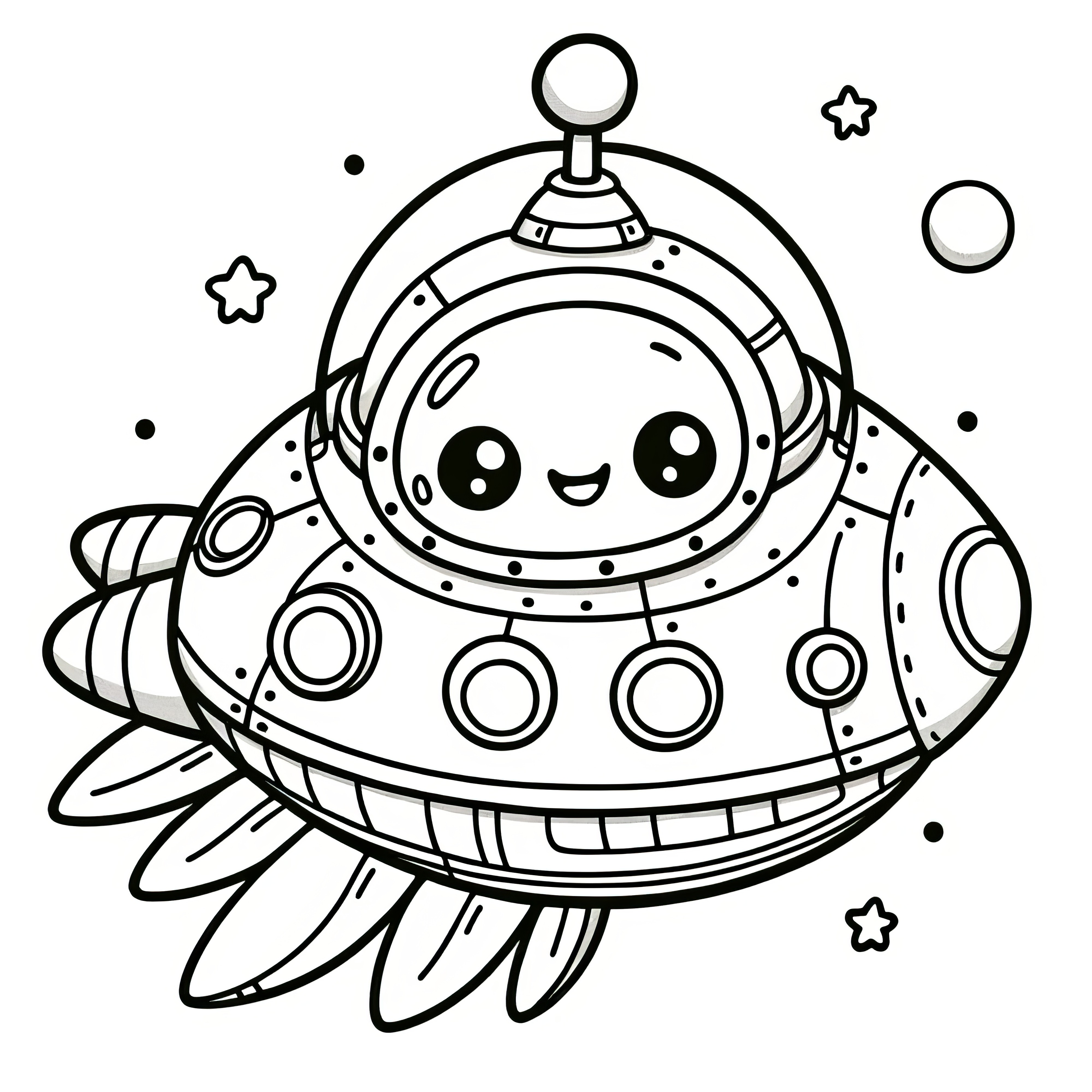子供向け簡単なぬり絵：UFOの中に可愛らしいエイリアン（無料）