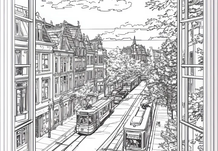 Miesto vaizdas pro langą su tramvajumi: paslėptų daiktų paveikslėlis parsisiųsti (Nemokamai)