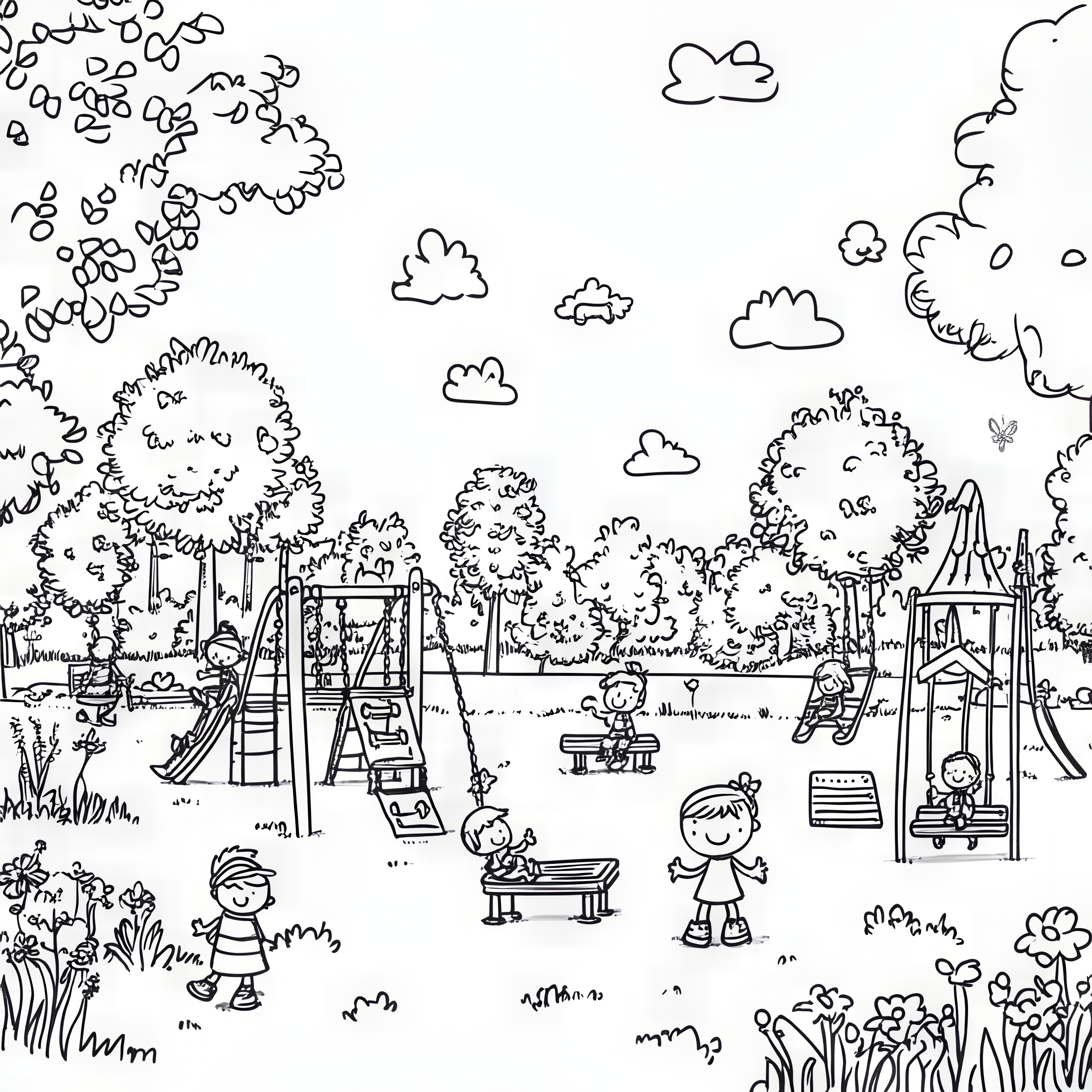 Children at the playground as a hidden object picture: Coloring page (Free)