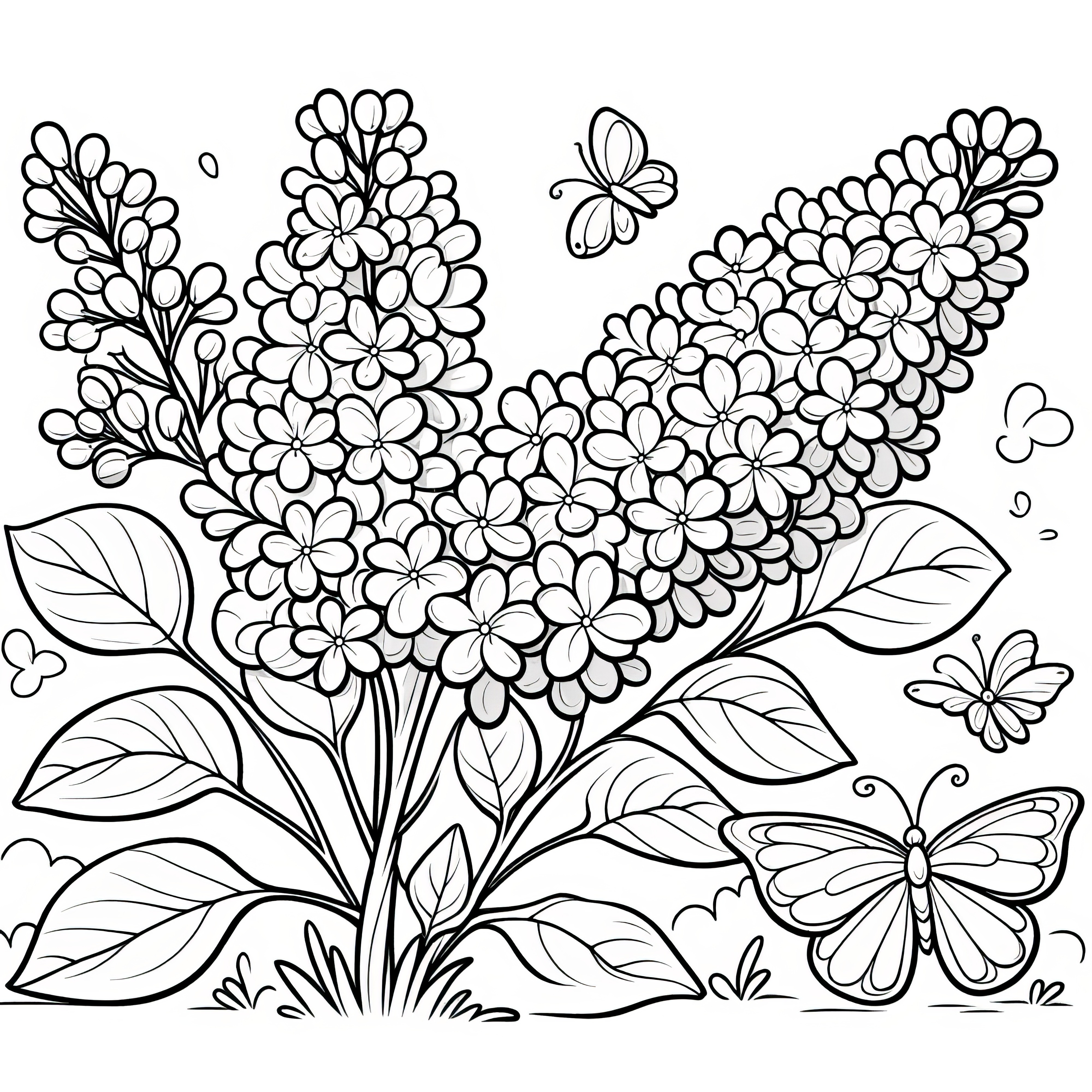 Lilacs and cute butterflies: Beautiful coloring page (Free)