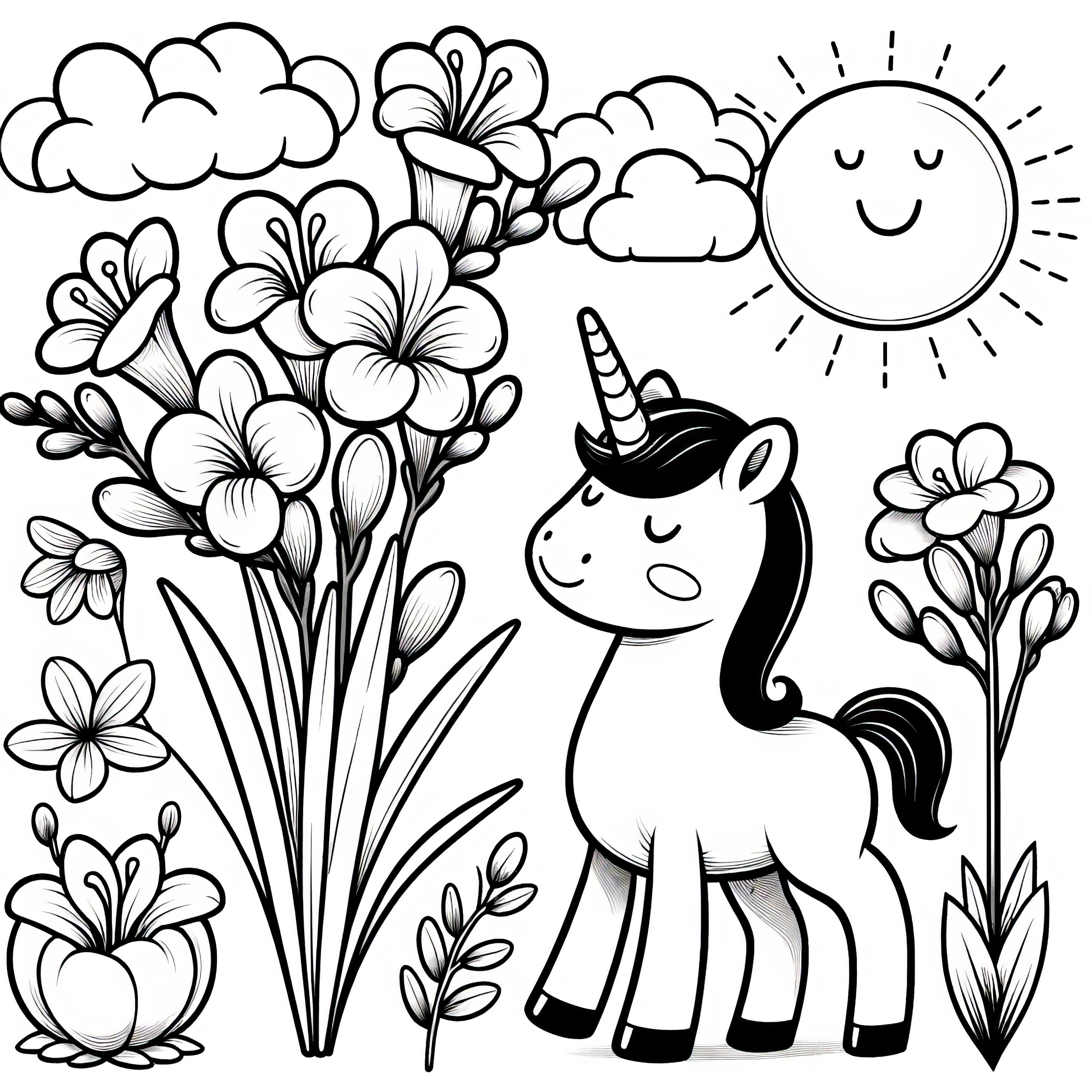 Freesias, unicorn, and sun: A coloring page for kids (free)