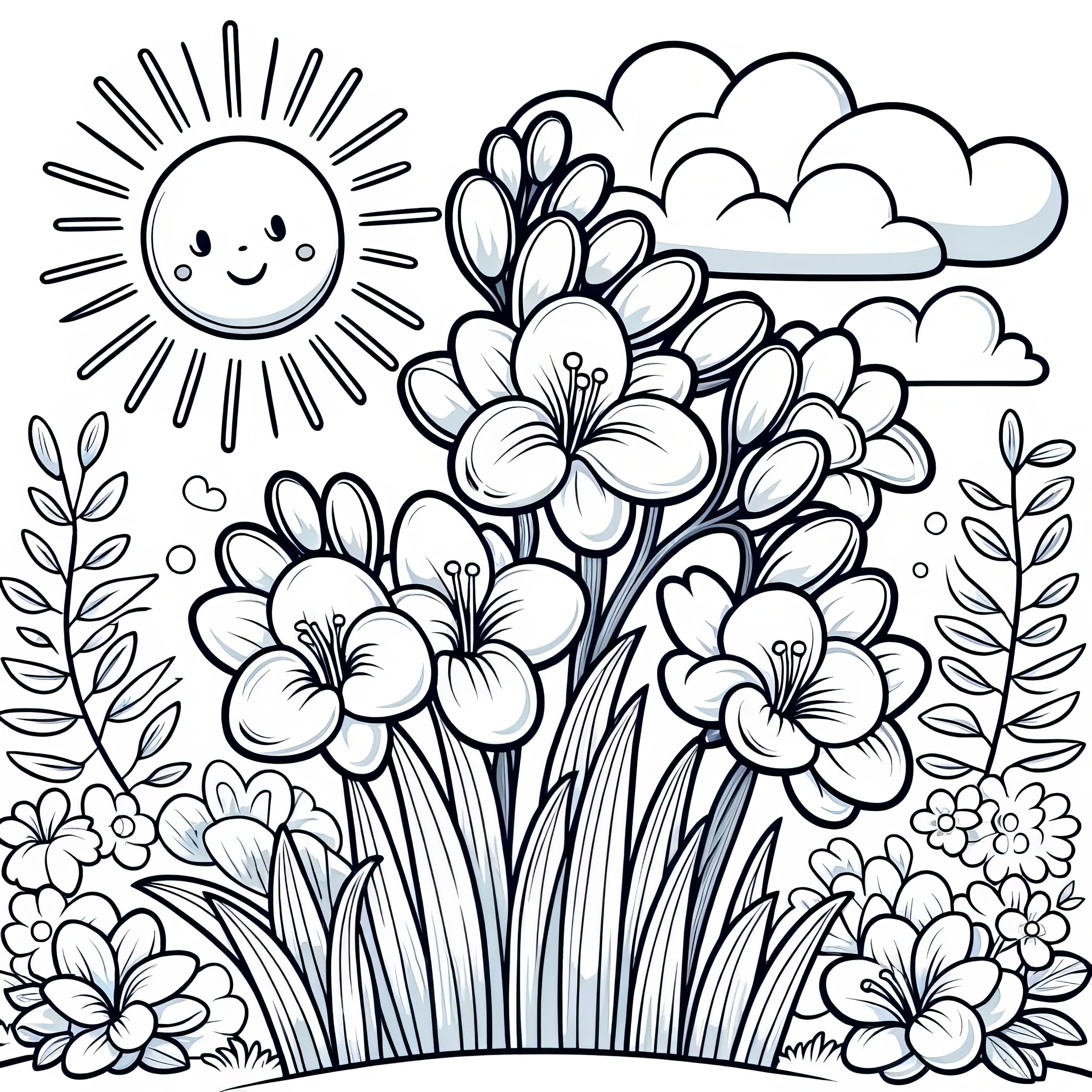 Freesias in the sun and clouds: Download coloring page for free