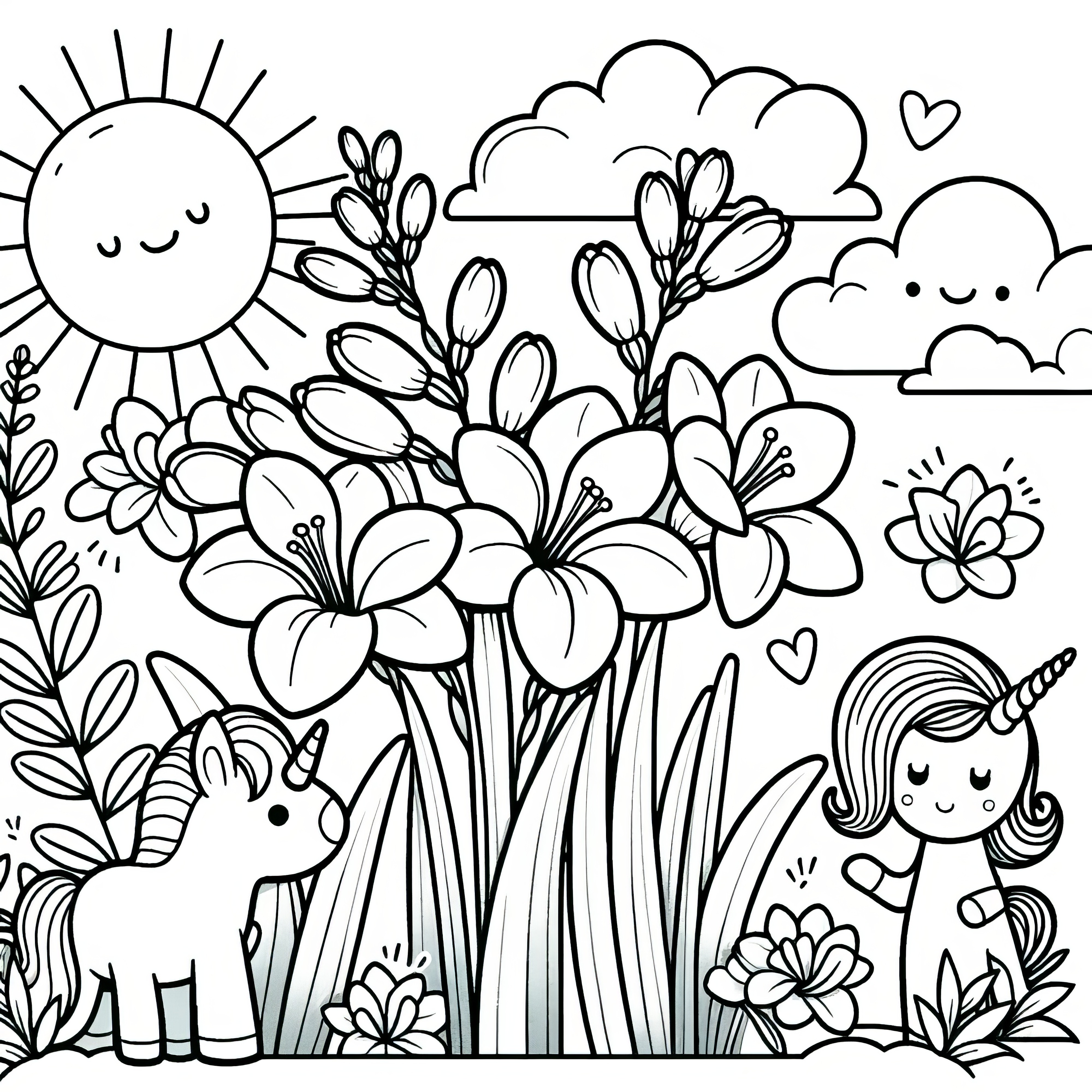 フリージアの花を持った小さなユニコーン：無料ダウンロード用のかわいい塗り絵