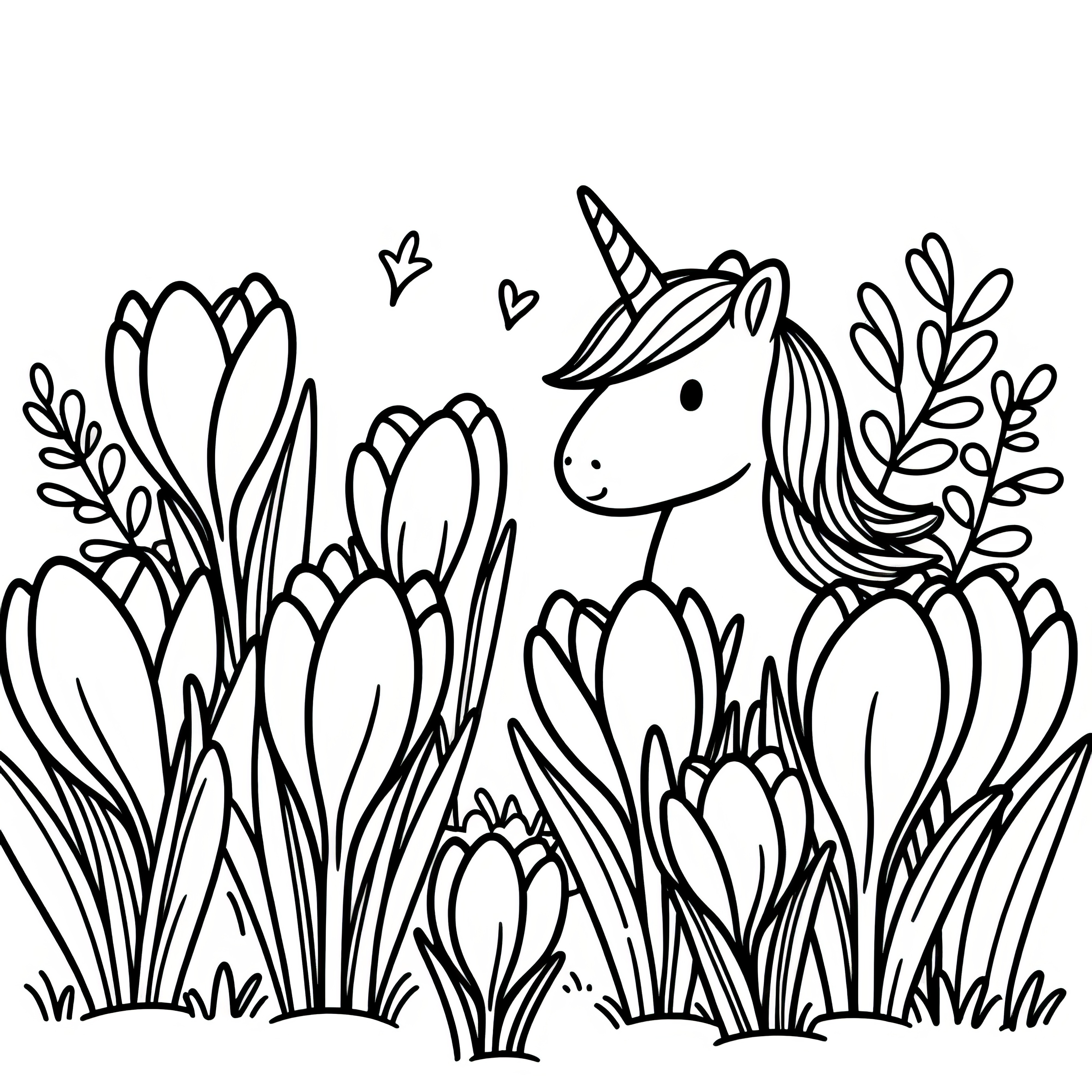 Unicorn in the meadow with crocuses: Download coloring picture (Free)