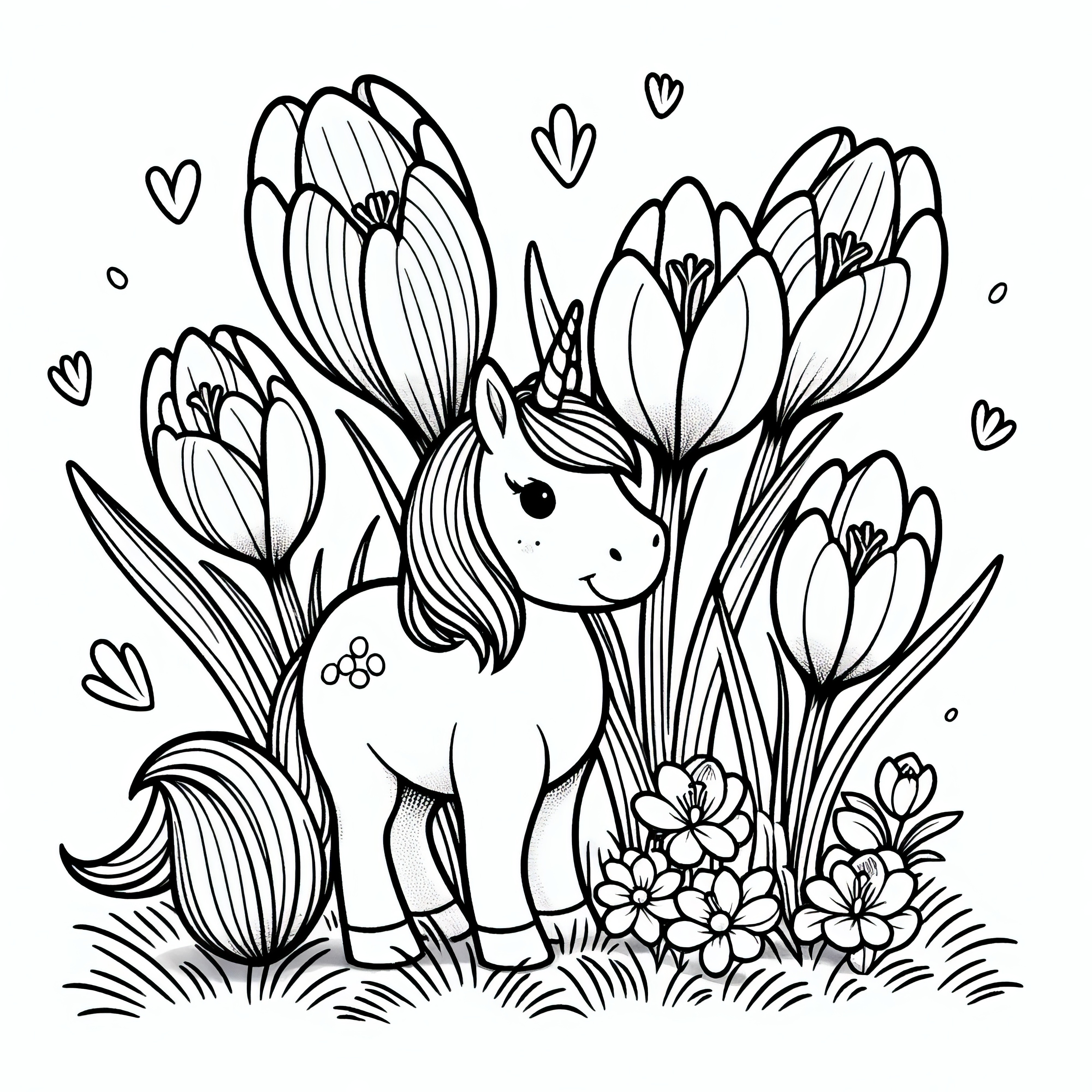 Small unicorn among crocuses as a coloring picture (Free)