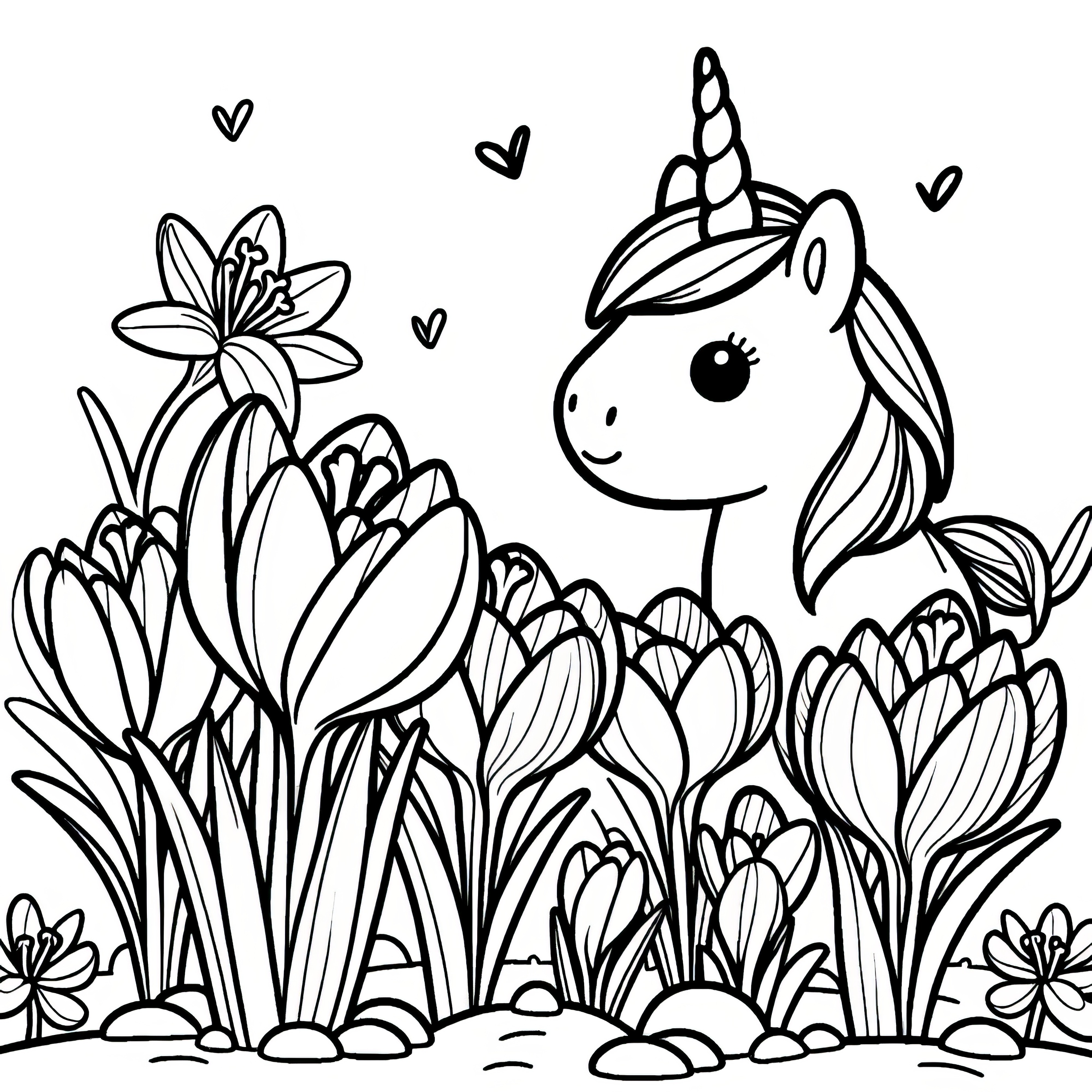 Crocuses with unicorn: Free coloring page for download