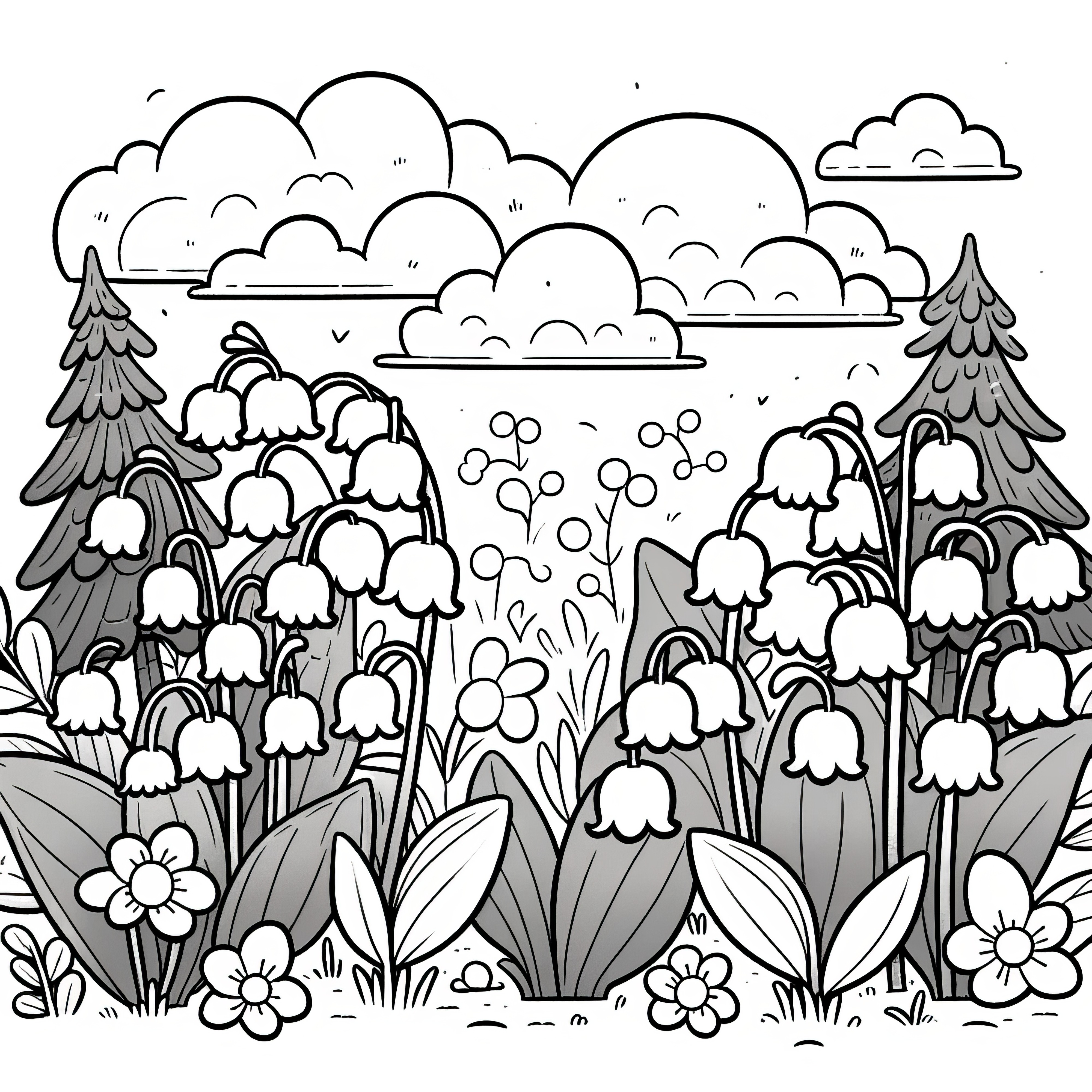 Lily of the valley on the flower meadow under clouds: Free coloring page
