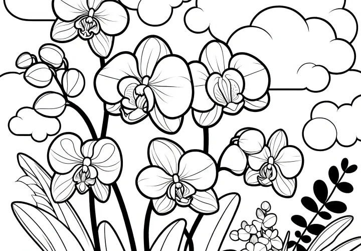 Květiny orchidejí a oblaka: Obrázek k vybarvení (Zdarma)