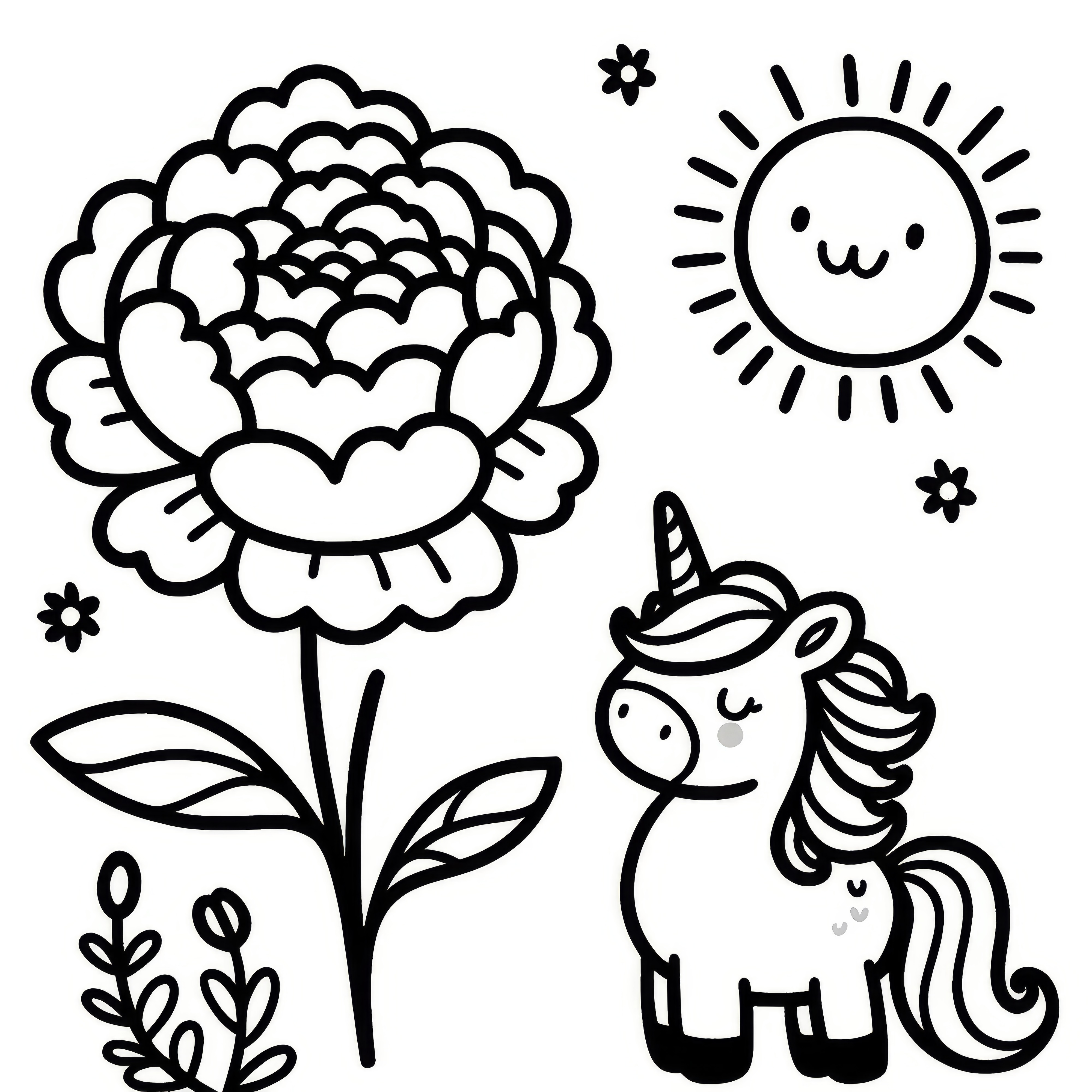 Bujor, unicorn drăguț și soare: Fișierul tău de colorat pentru descărcare (gratuit)
