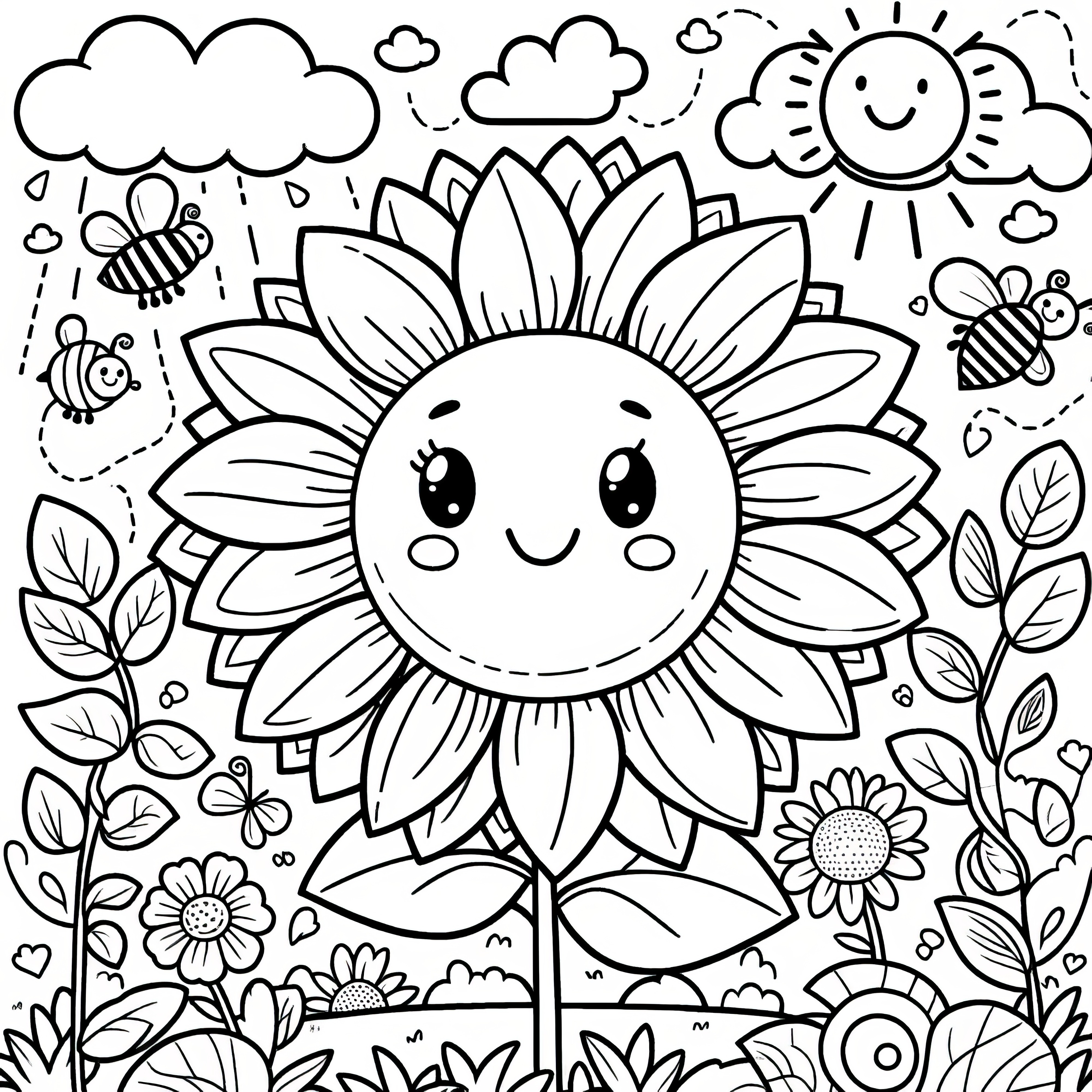 Joyeux tournesol dans un champ de fleurs: image à colorier (gratuit)