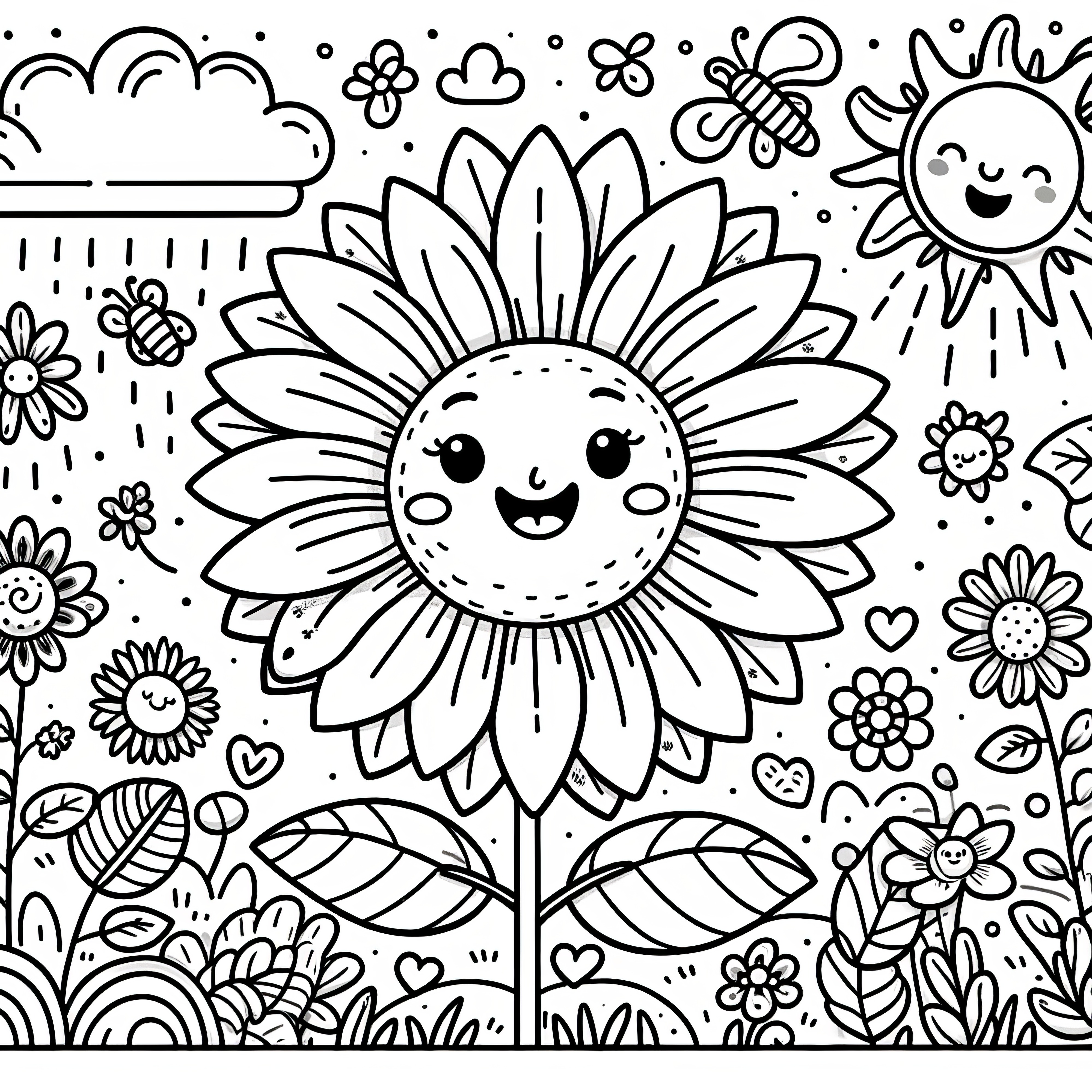 笑っているひまわりと植物、昆虫、太陽、雲が描かれたぬり絵（無料）