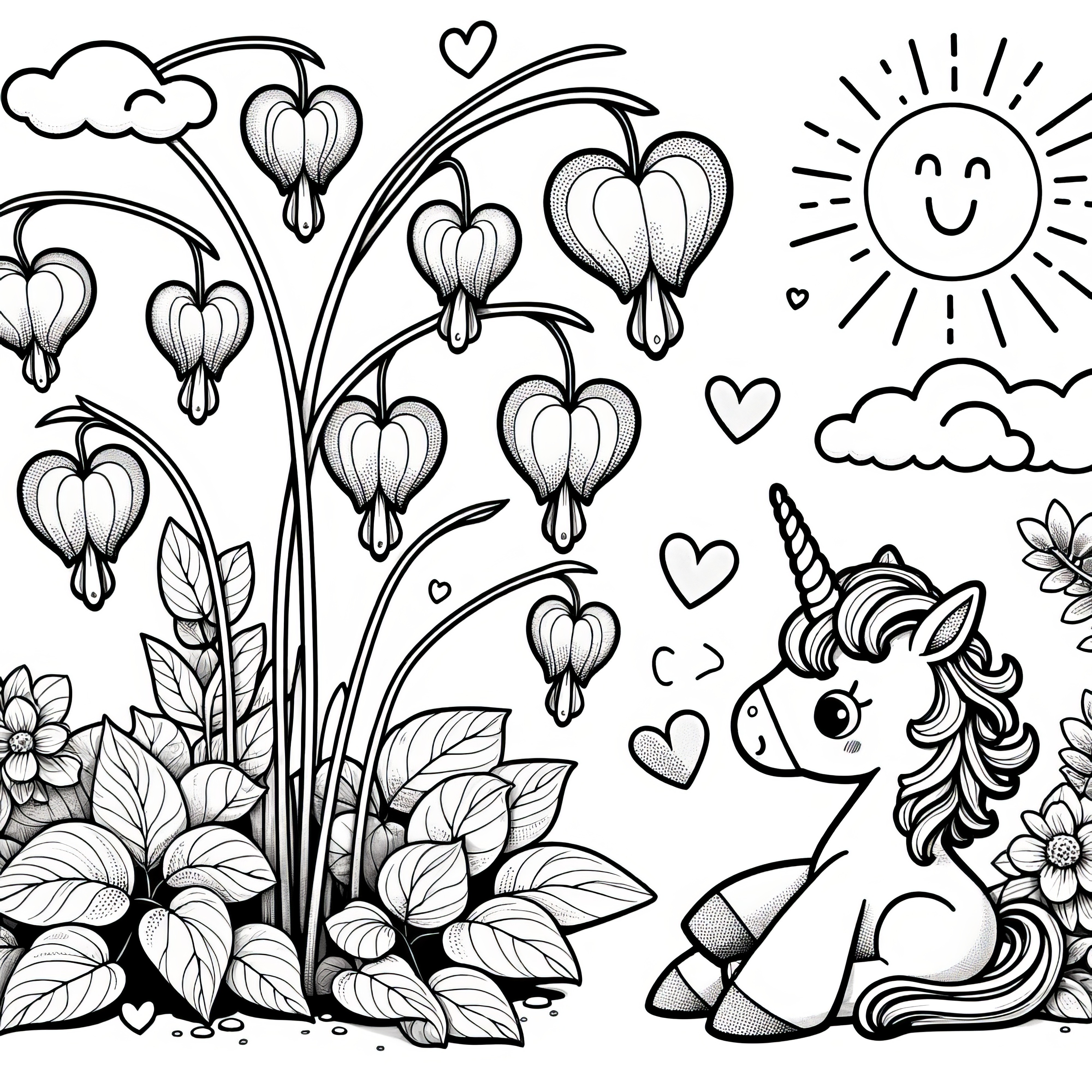 涙ぐんだ心の花とユニコーンの塗り絵（無料）