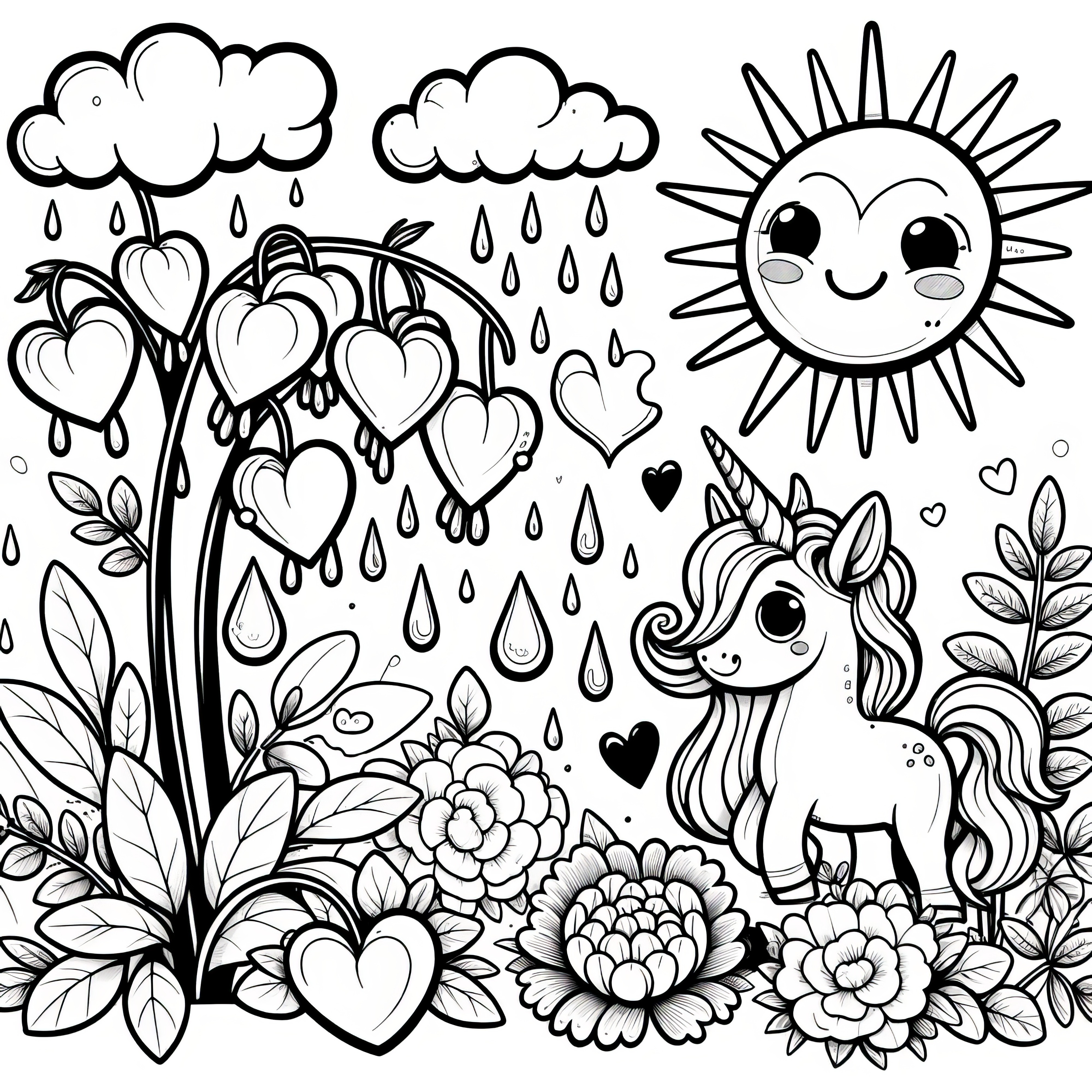 涙を流す心、雨雲、ユニコーン、そして太陽: あなたの塗り絵（無料）
