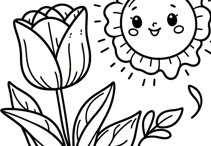 Květy tulipánů na slunci: Bezplatný omalovánkový obrázek