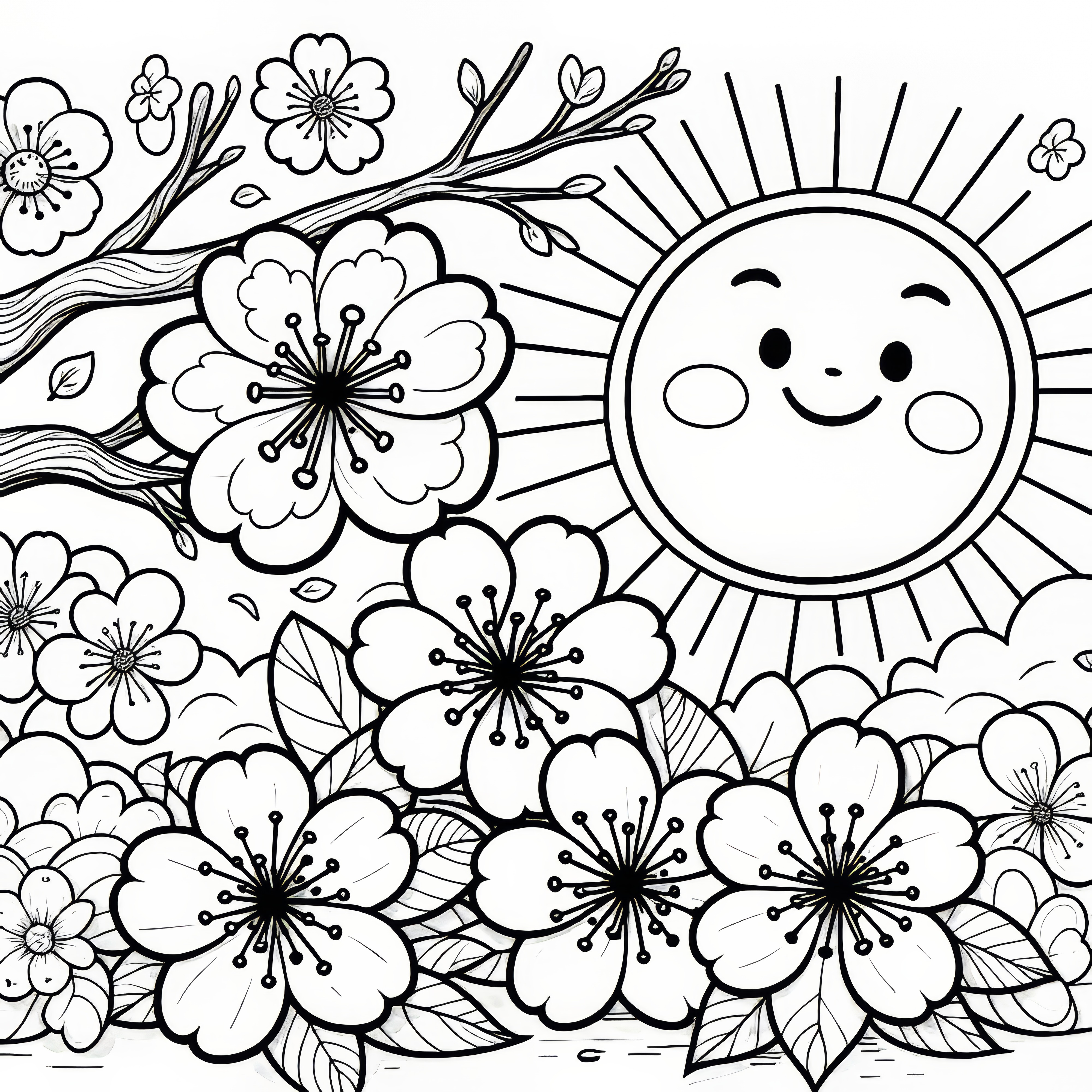 桜の花と太陽：子供のためのぬり絵（無料）